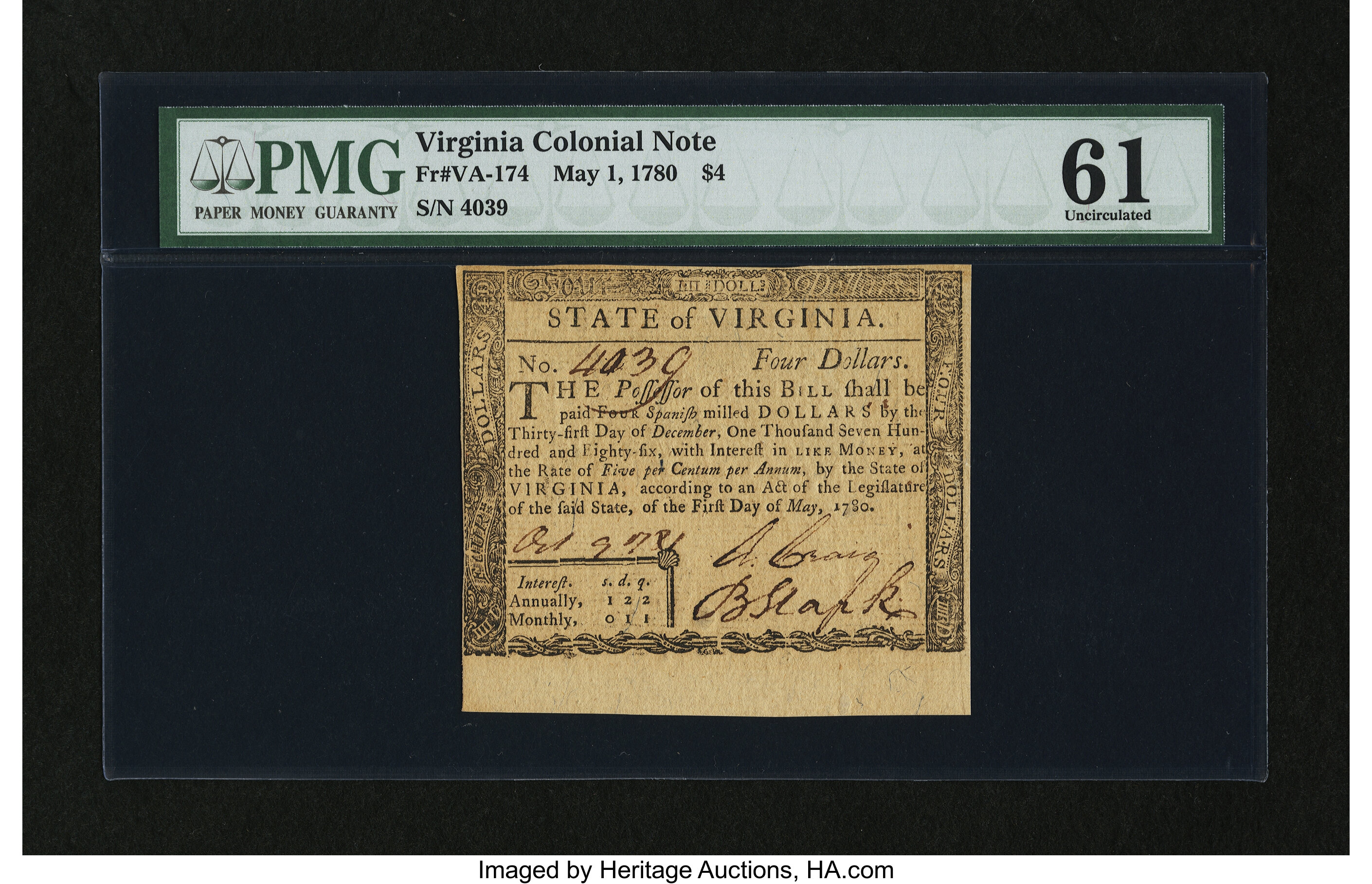 image for: Virginia May 1, 1780 $4 PMG Uncirculated 61....