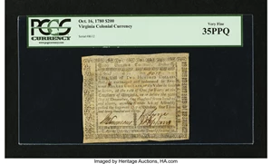 image for: Virginia October 16, 1780 $200 PCGS Very Fine 35PPQ....