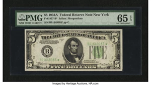 image for: Fr. 1957-B* $5 1934A Federal Reserve Note. PMG Gem Uncirculated 65 EPQ....