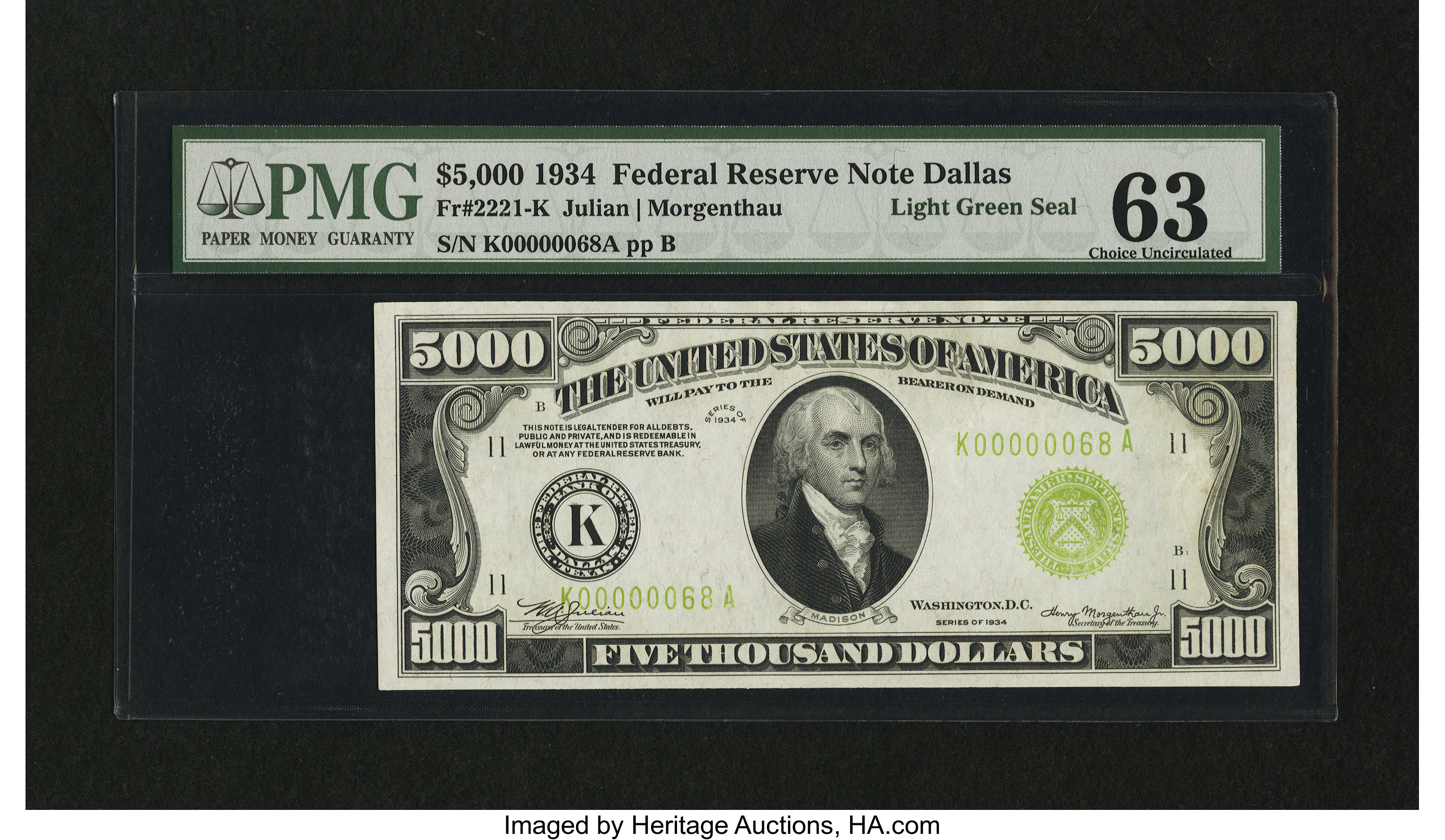 image for: Fr. 2221-K $5000 1934 Light Green Seal Federal Reserve Note. PMG Choice Uncirculated 63....