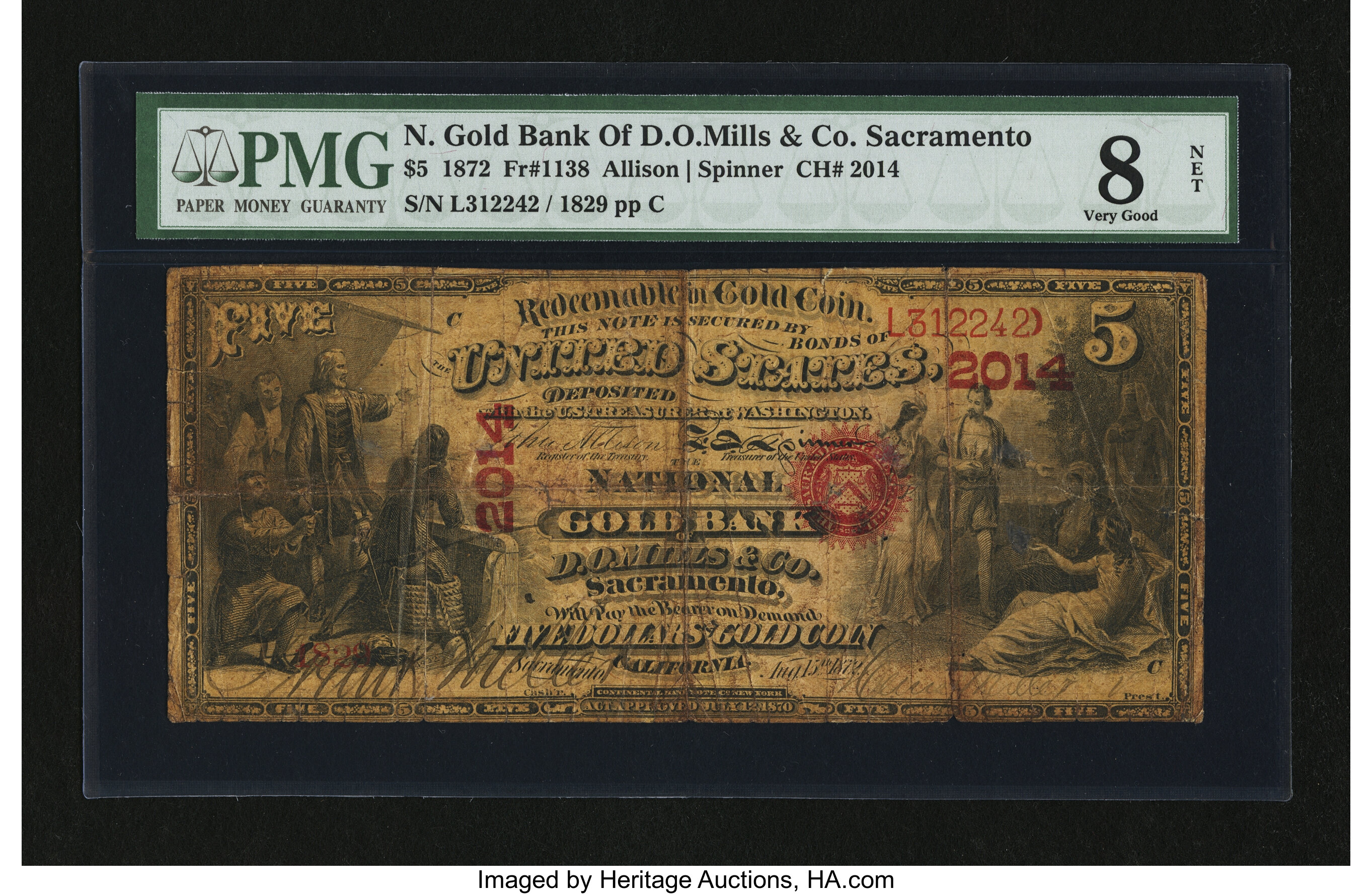 image for: Sacramento, CA - $5 1872 Fr. 1138 The National Gold Bank of D O Mills & Co. Ch. # 2014...