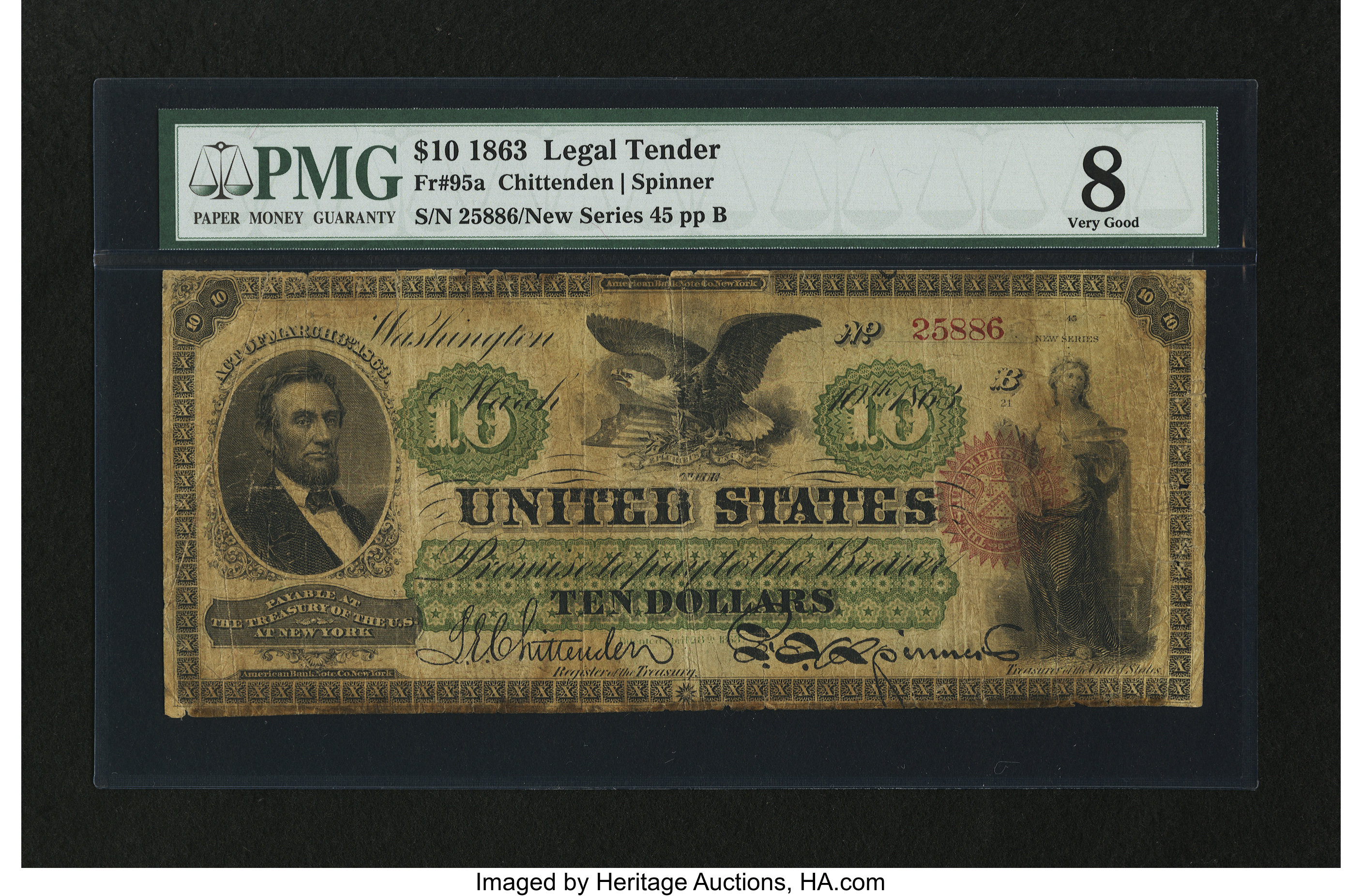 image for: Fr. 95a $10 1863 Legal Tender PMG Very Good 8....