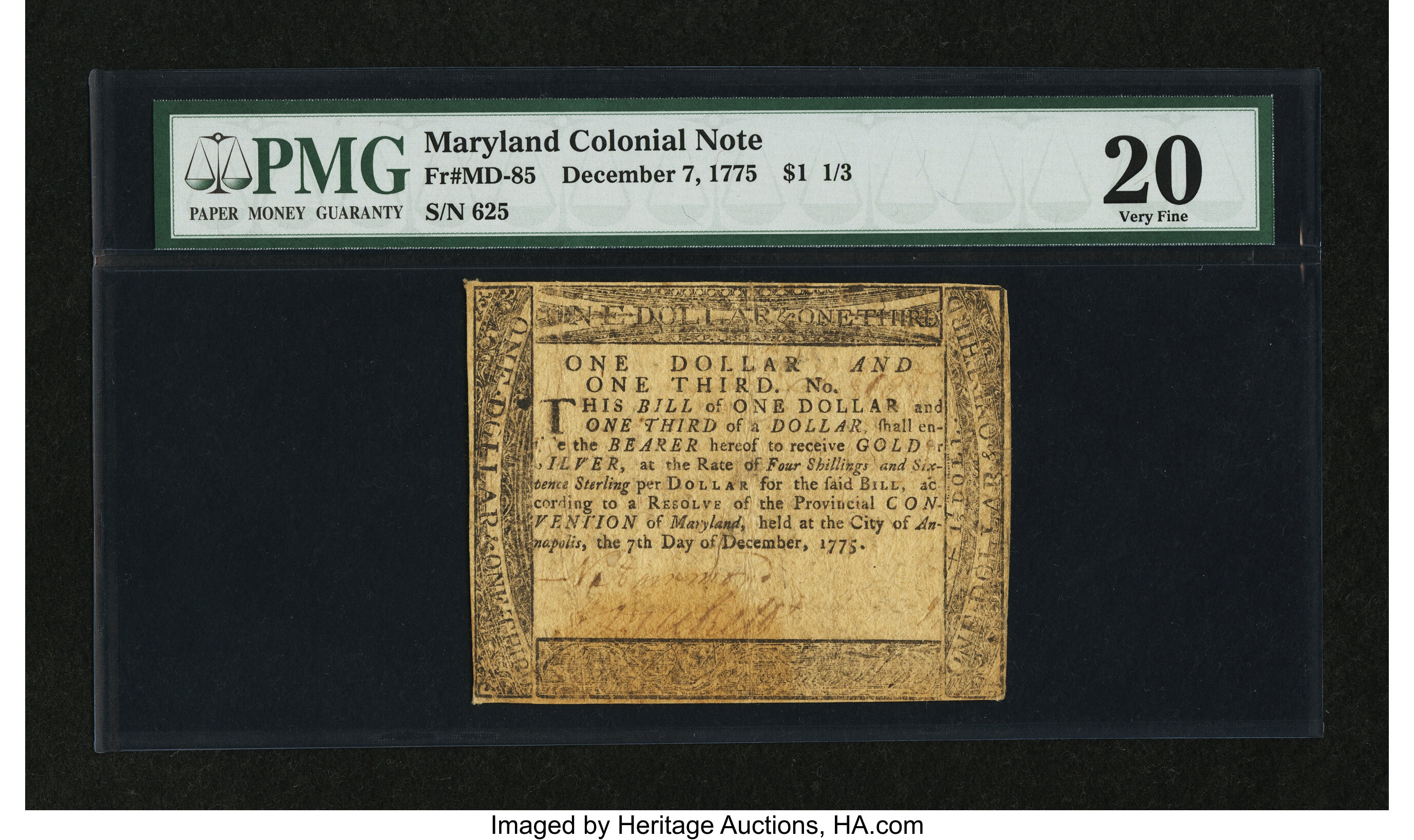image for: Maryland December 7, 1775 $1  1/3 PMG Very Fine 20....