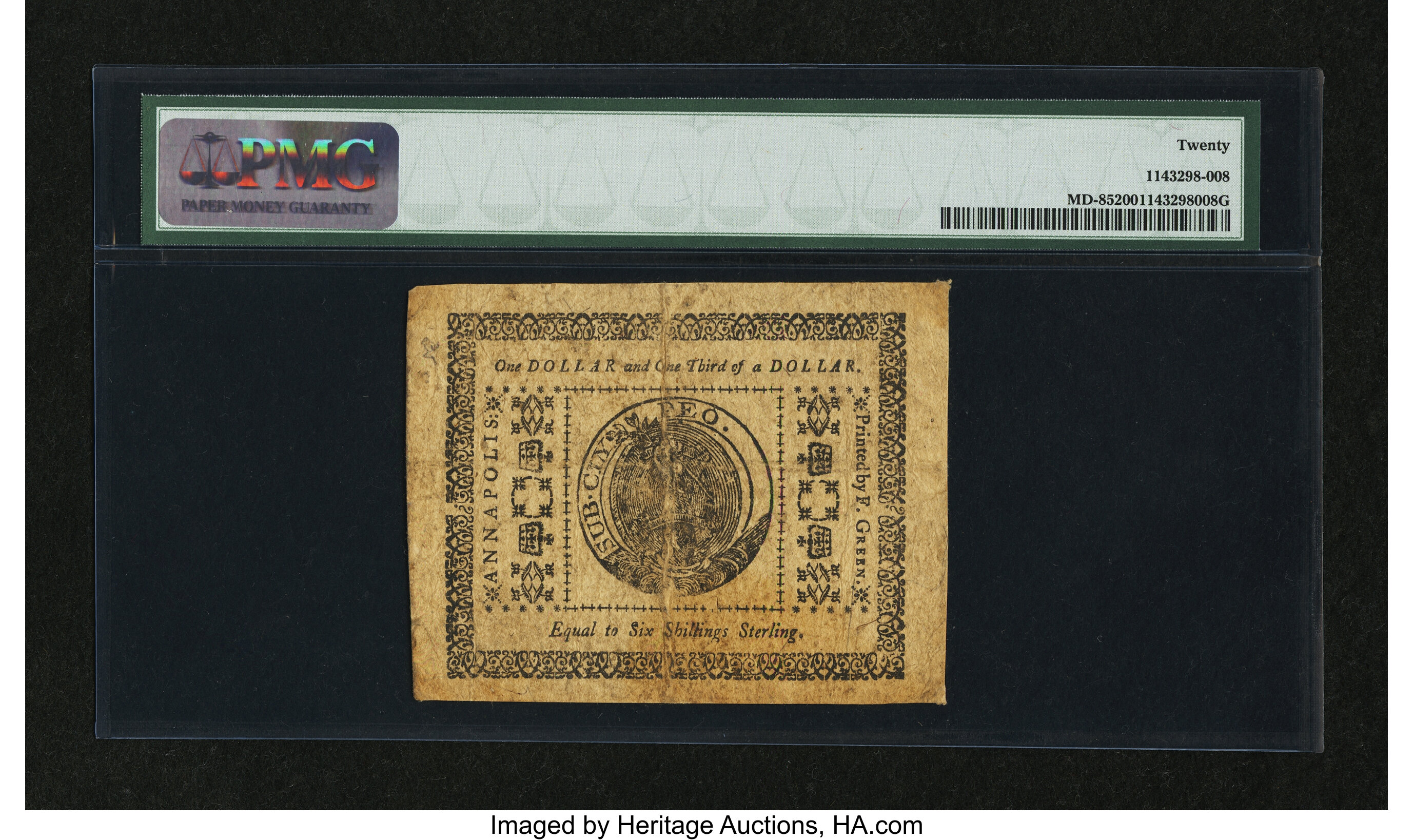 image for: Maryland December 7, 1775 $1  1/3 PMG Very Fine 20....