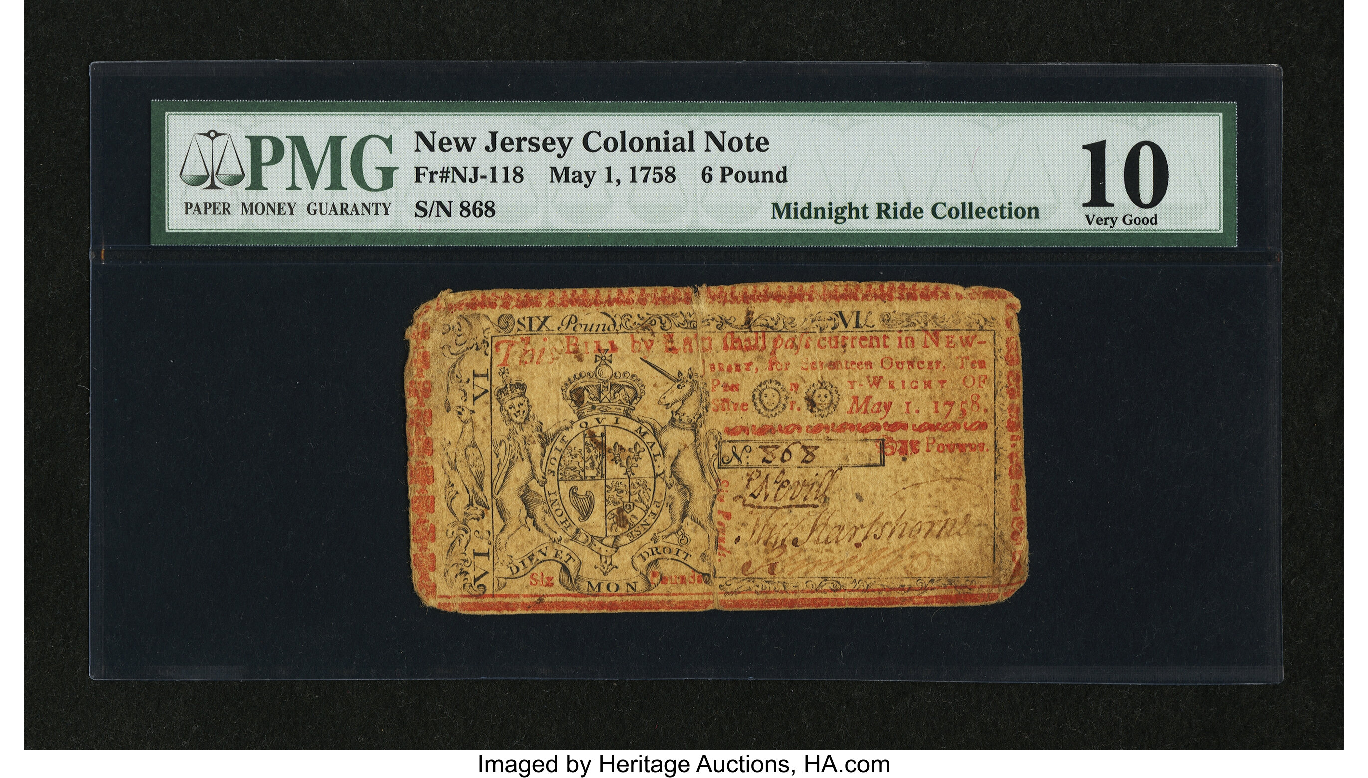 image for: New Jersey May 1, 1758 £6 PMG Very Good 10....