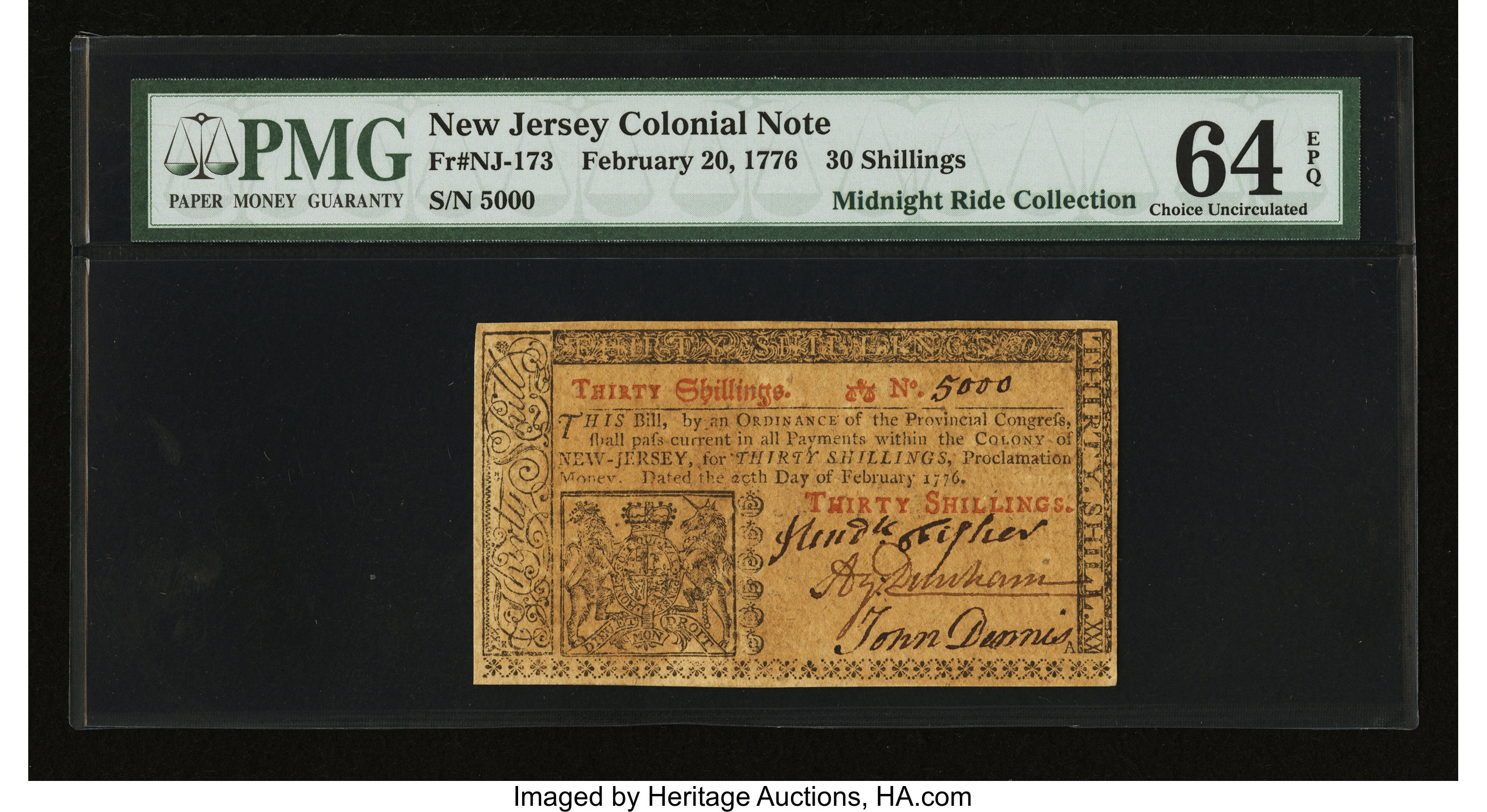 image for: New Jersey February 20, 1776 30s PMG Choice Uncirculated 64 EPQ....