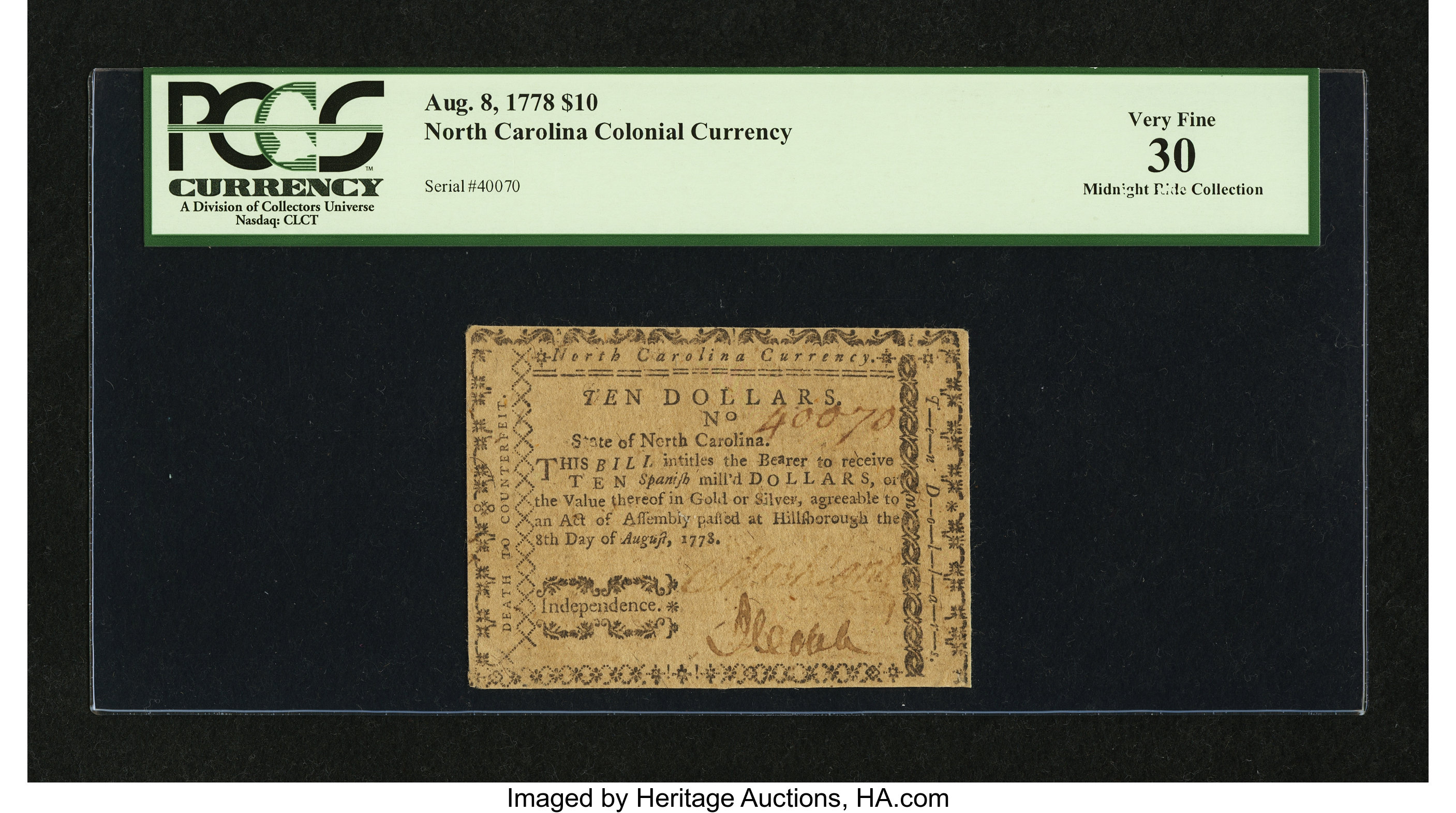 image for: North Carolina August 8, 1778 $10 PCGS Very Fine 30....