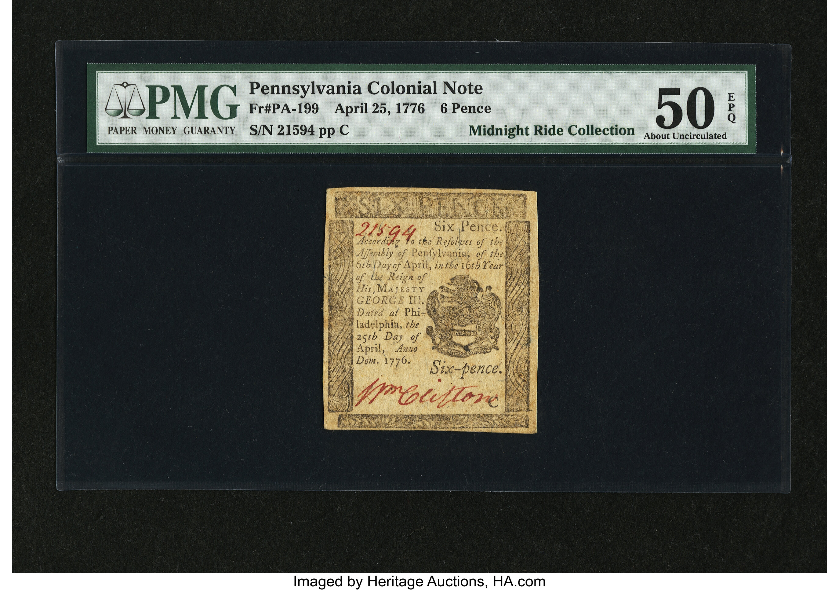 image for: Pennsylvania April 25, 1776 6d PMG About Uncirculated 50 EPQ....