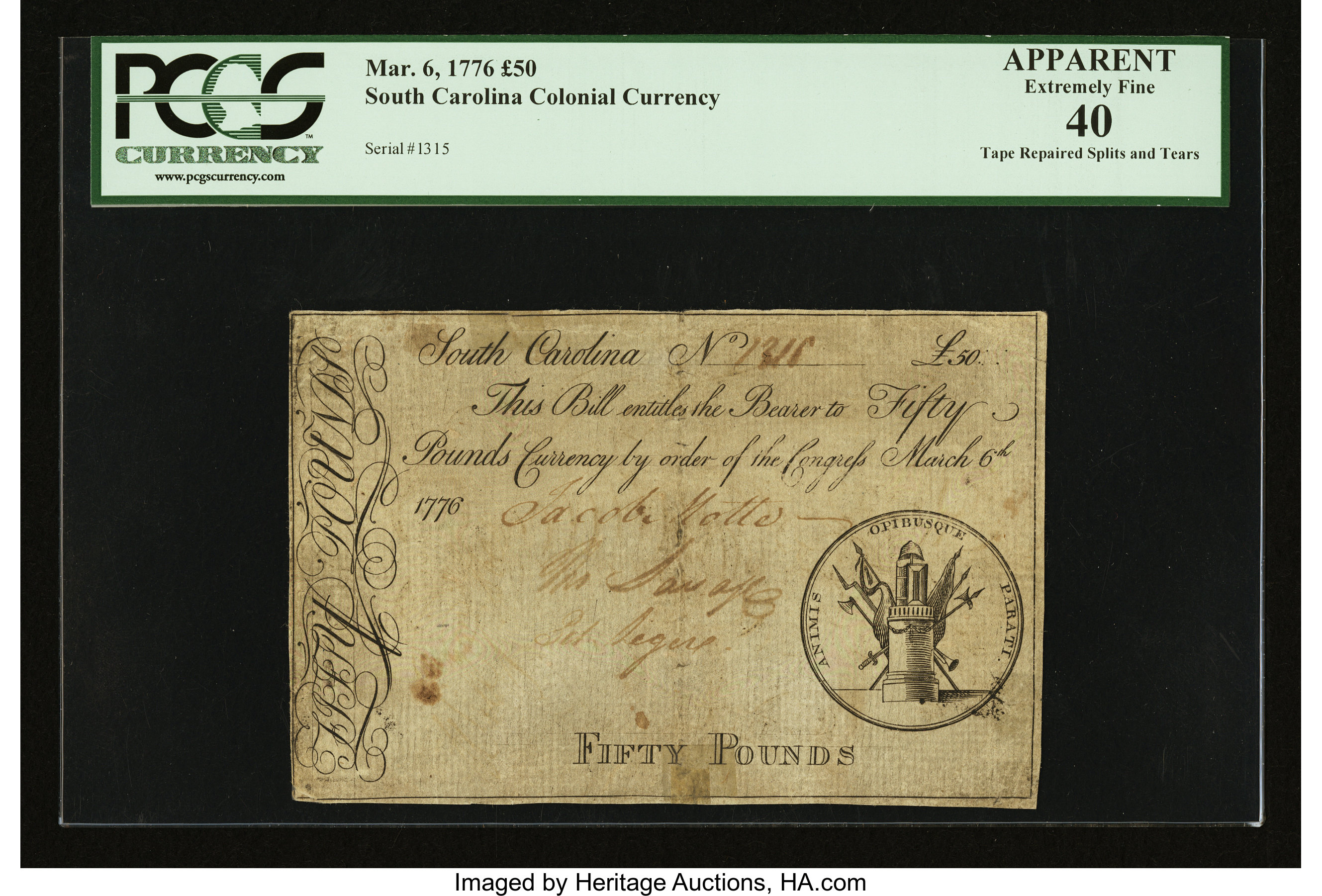 image for: South Carolina March 6, 1776 £50 PCGS Apparent Extremely Fine 40....