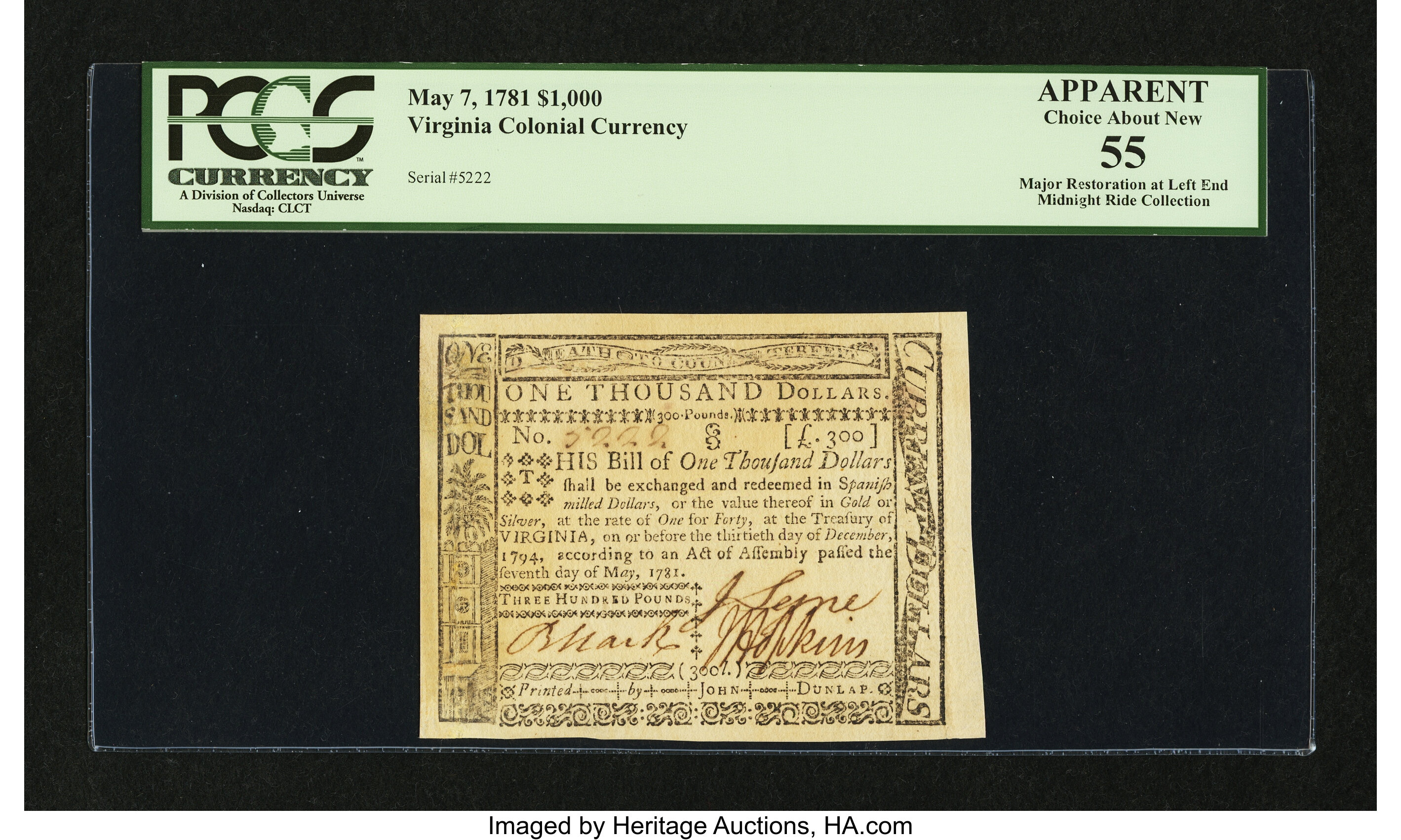 image for: Virginia May 7, 1781 $1000 PCGS Apparent Choice About New 55....