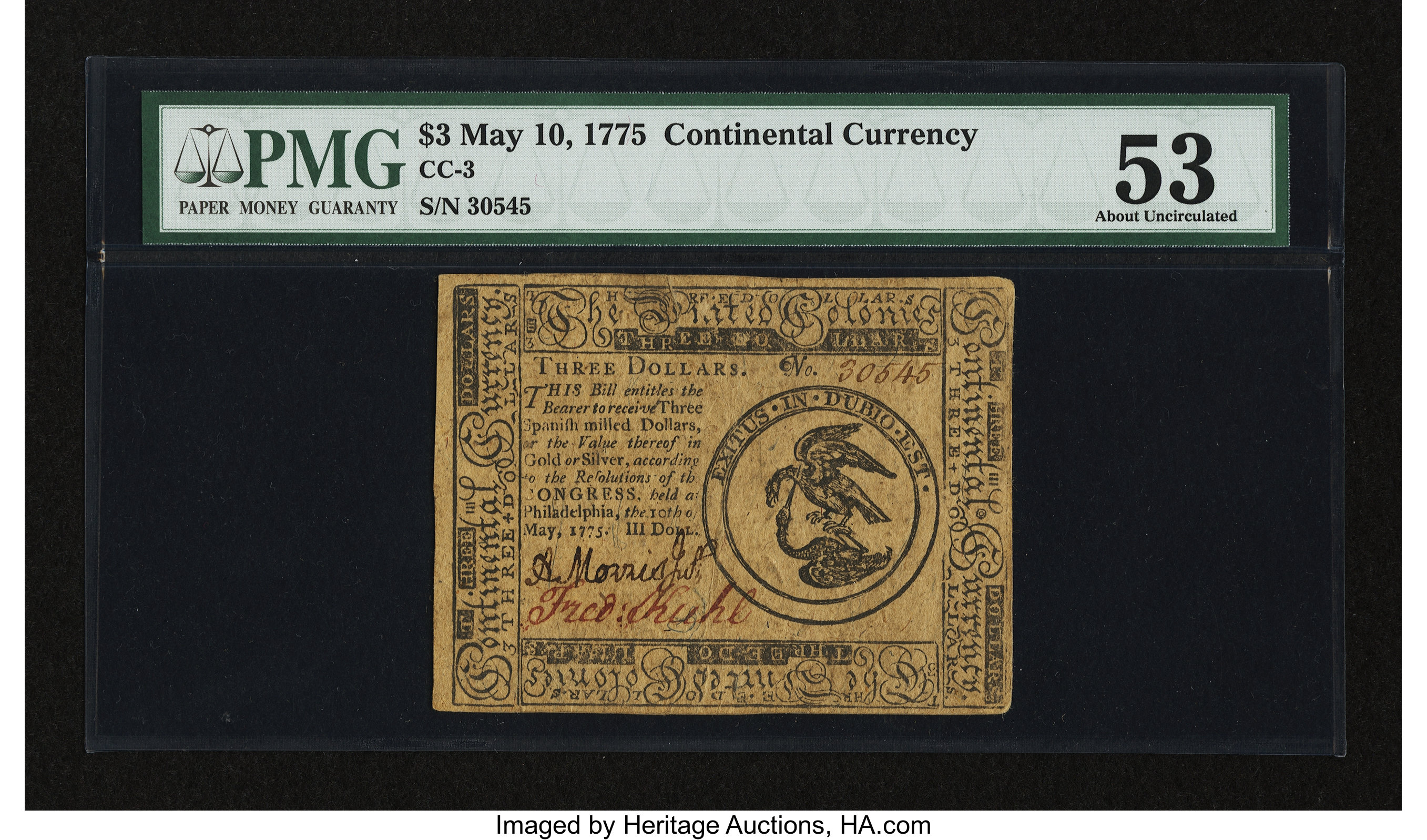 image for: Continental Currency May 10, 1775 $3 PMG About Uncirculated 53....