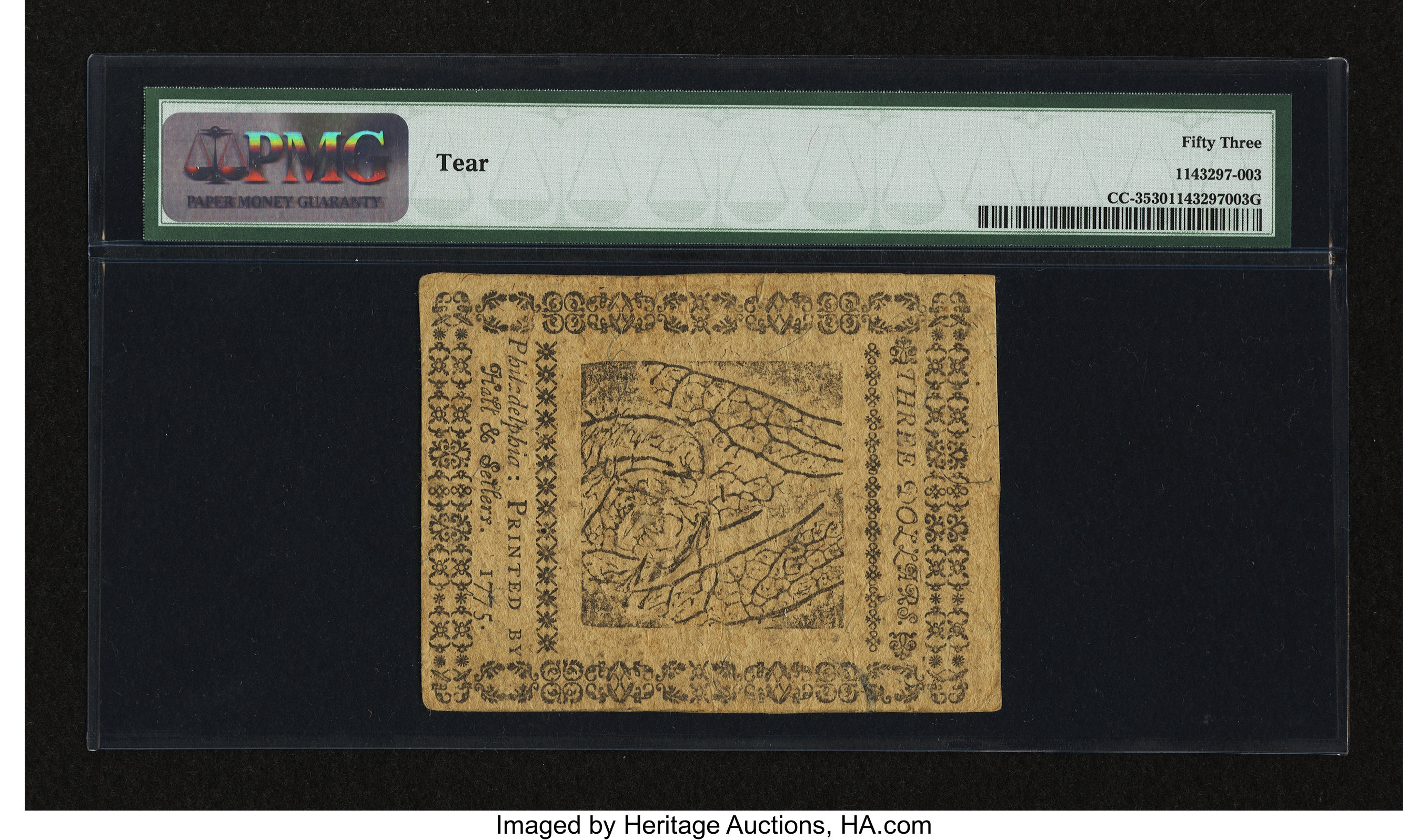 image for: Continental Currency May 10, 1775 $3 PMG About Uncirculated 53....