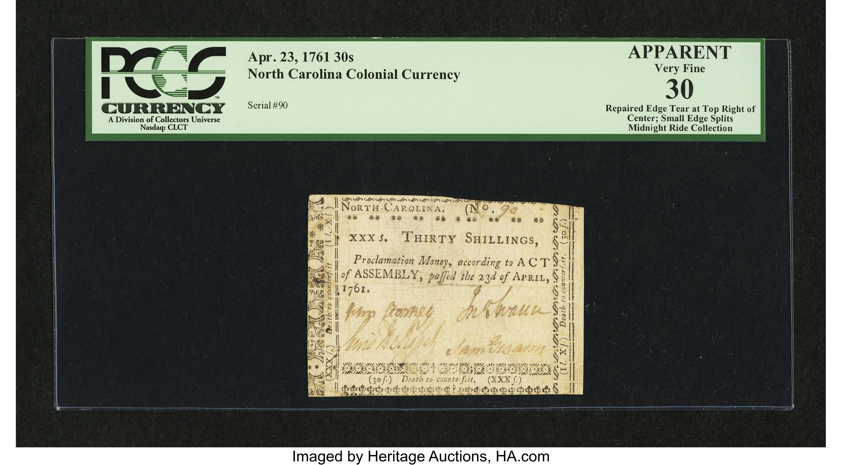 image for: North Carolina April 23, 1761 30s PCGS Apparent Very Fine 30....