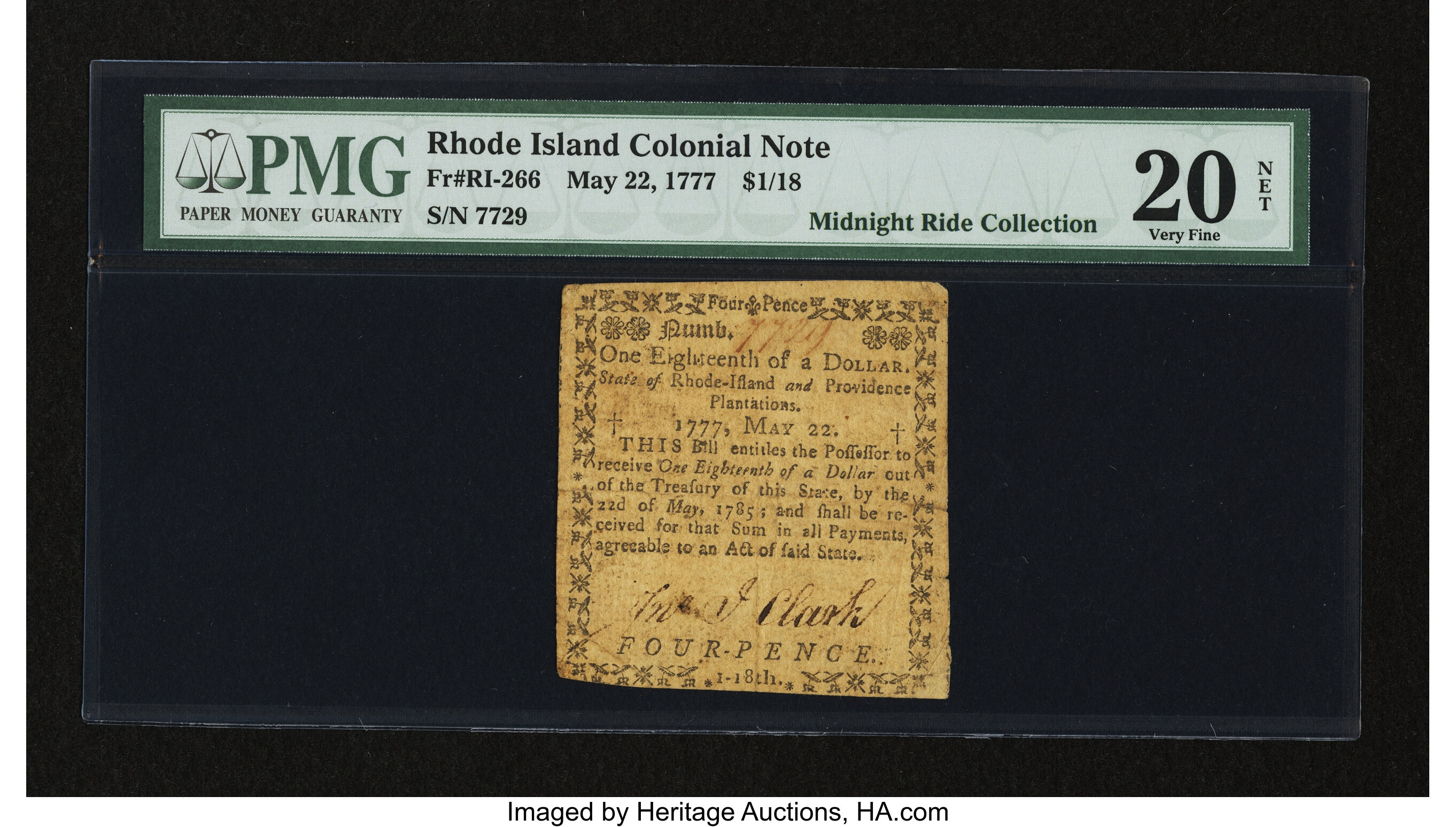 image for: Rhode Island May 22, 1777 $1/18 PMG Very Fine 20 Net....