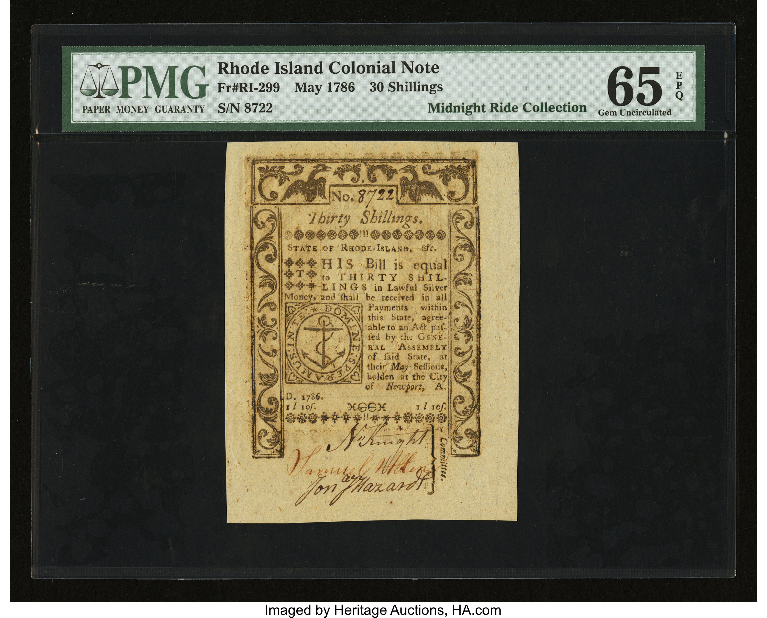 image for: Rhode Island May 1786 30s PMG Gem Uncirculated 65 EPQ....