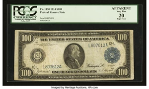 image for: Fr. 1130 $100 1914 Federal Reserve Note PCGS Apparent Very Fine 20....