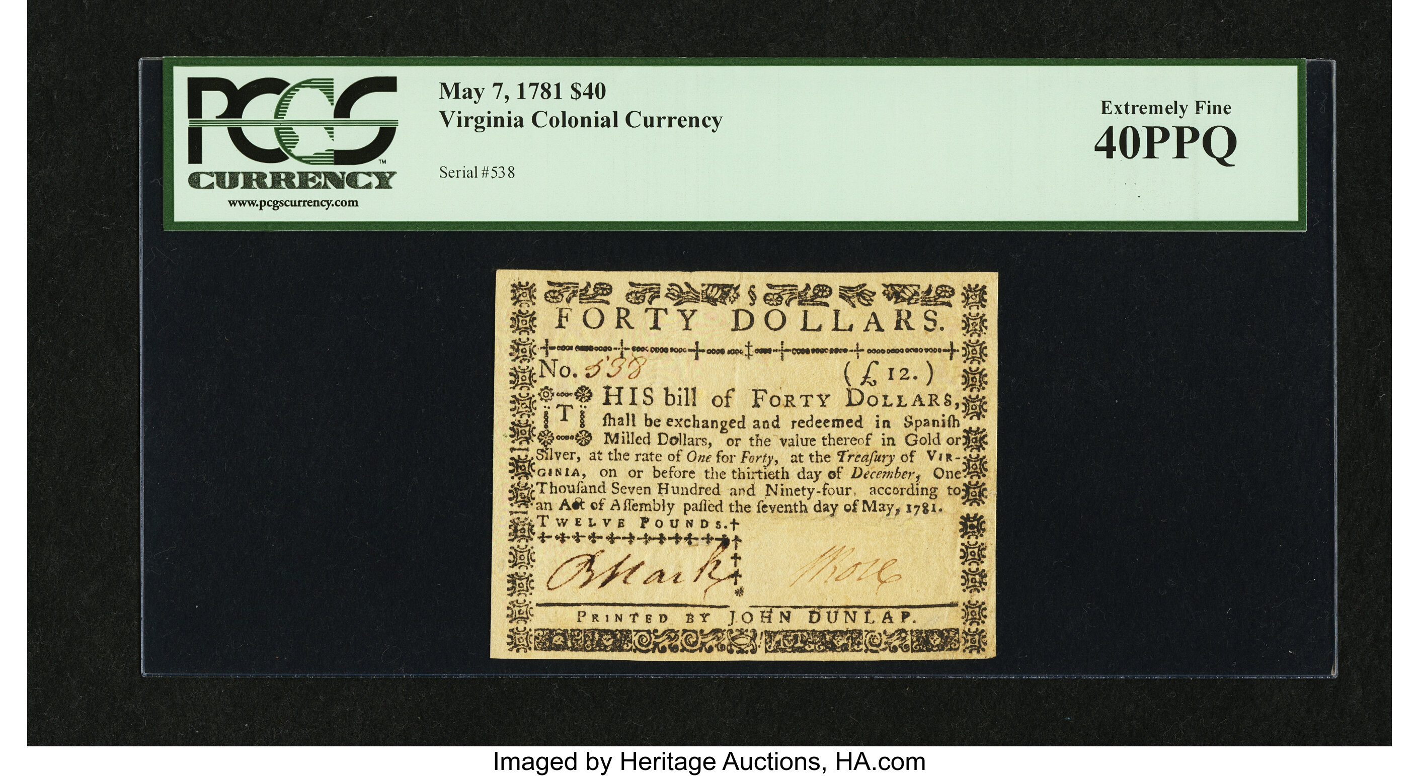 image for: Virginia May 7, 1781 $40 PCGS Extremely Fine 40PPQ....