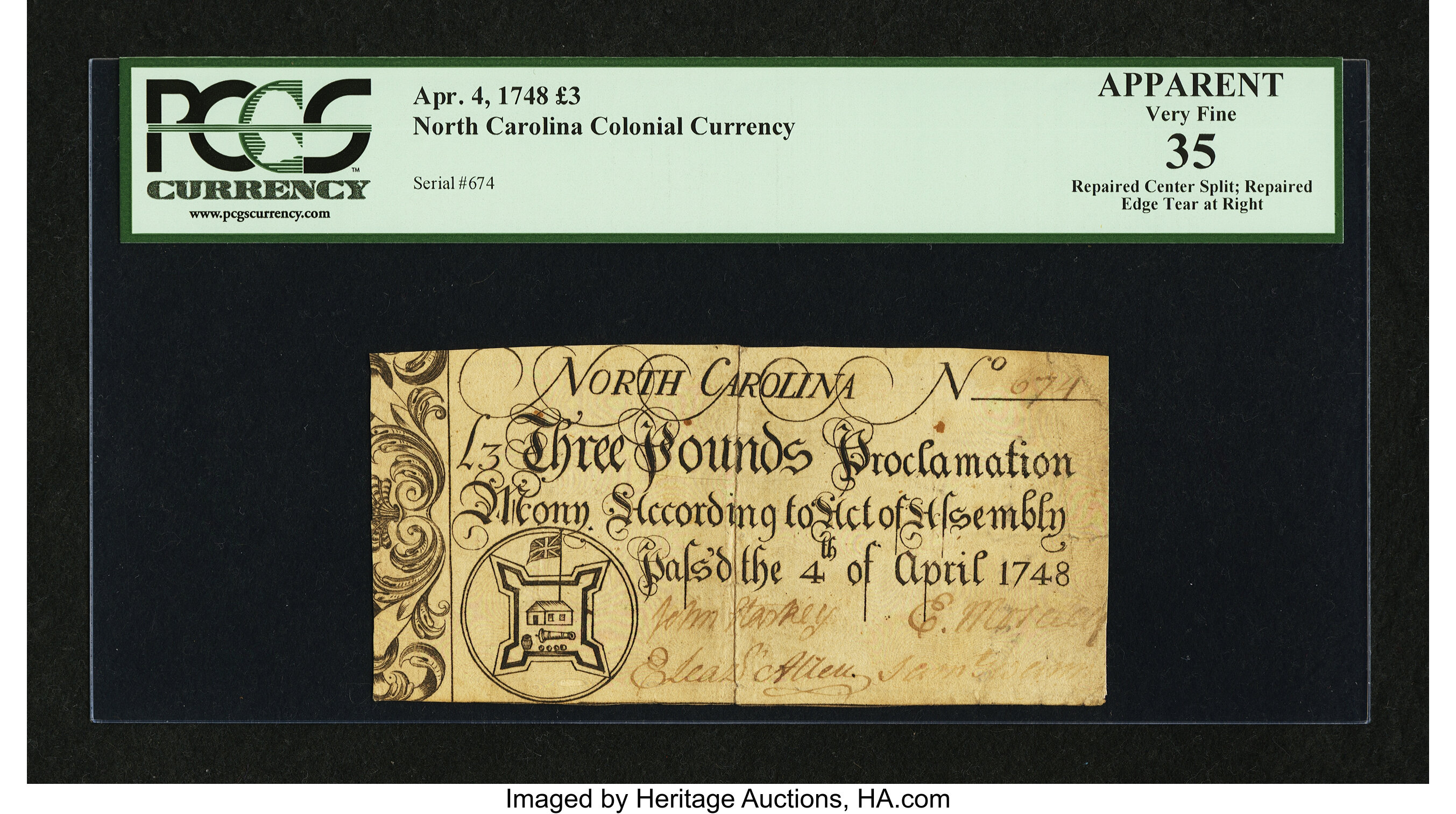 image for: North Carolina April 4, 1748 £3 PCGS Apparent Very Fine 35....