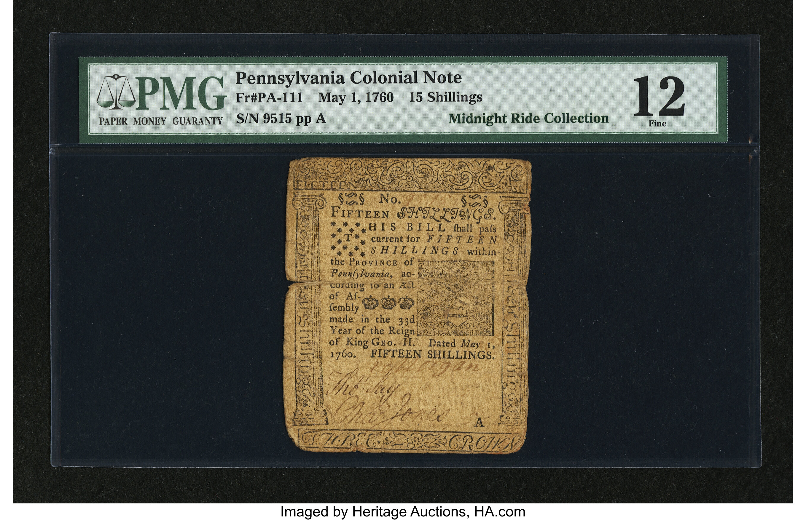 image for: Pennsylvania May 1, 1760 15s PMG Fine 12....