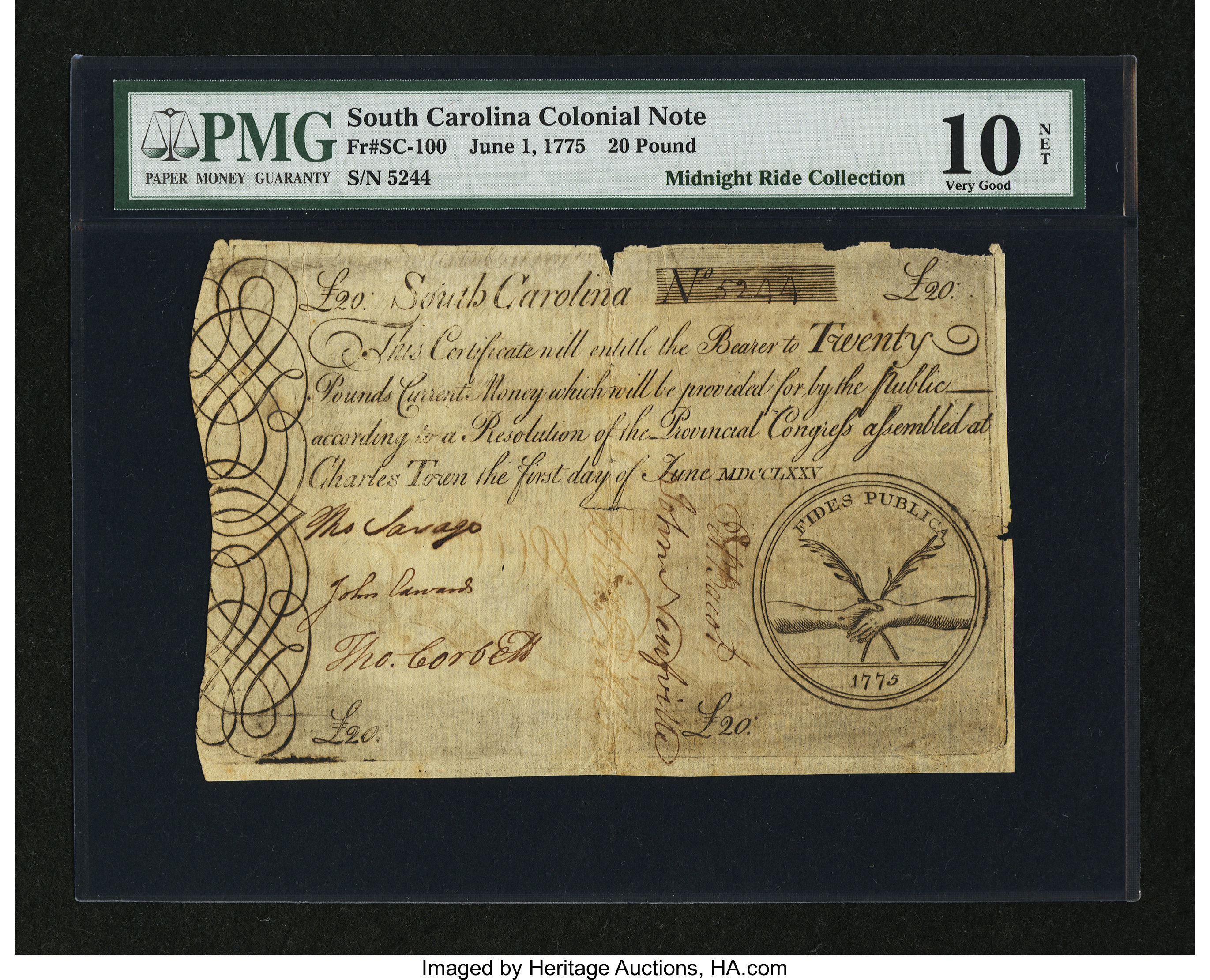 image for: South Carolina June 1, 1775 £20 PMG Very Good 10 Net....