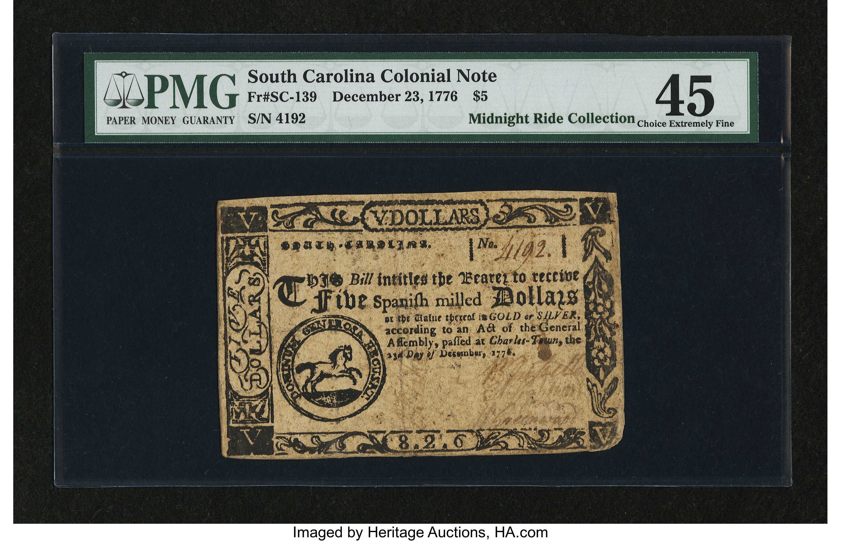 image for: South Carolina December 23, 1776 $5 PMG Choice Extremely Fine 45....
