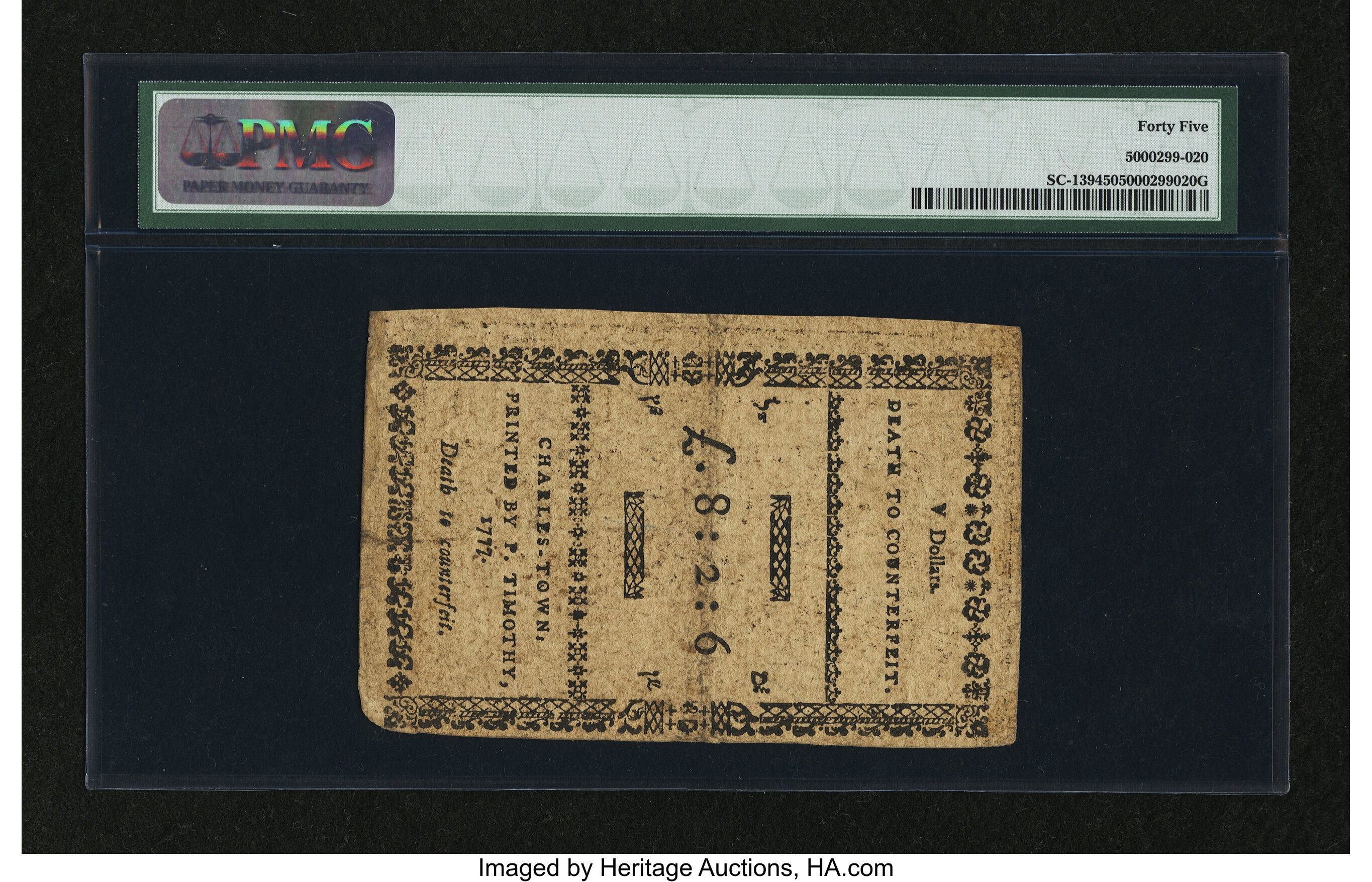 image for: South Carolina December 23, 1776 $5 PMG Choice Extremely Fine 45....