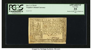 image for: Virginia October 5, 1778 $3 PCGS Apparent Very Fine 35....