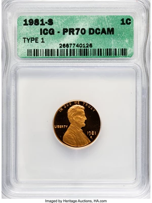image for: 1981-S 1C Type One PR70 Deep Cameo ICG. NGC Census: (0/0). PCGS Population (8/0). Numismedia Wsl. Price for NGC/PCGS coin ...