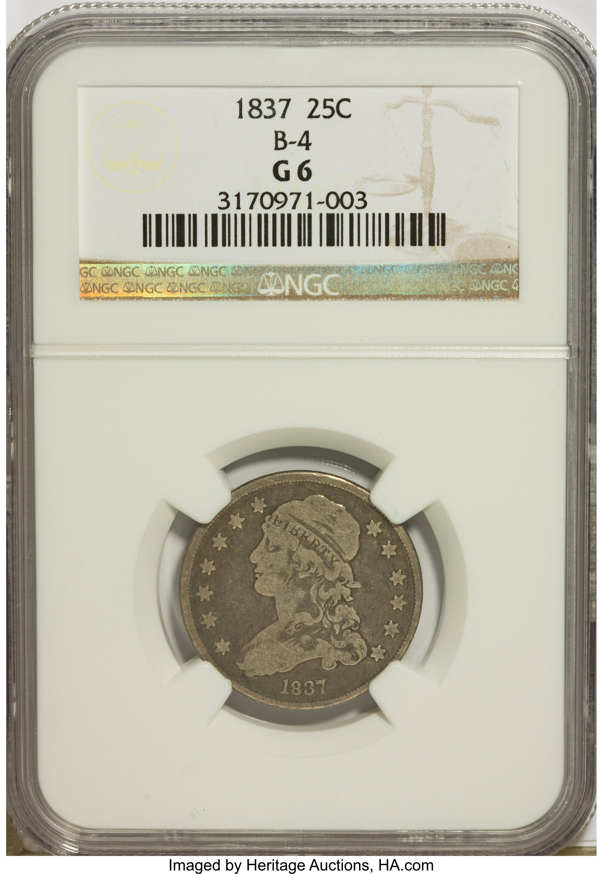 1837 25C Good 6 NGC. b-4. NGC Census: (0/192). PCGS Population (0/201). Mintage: 252,400. Numismedia Wsl. Price for proble...