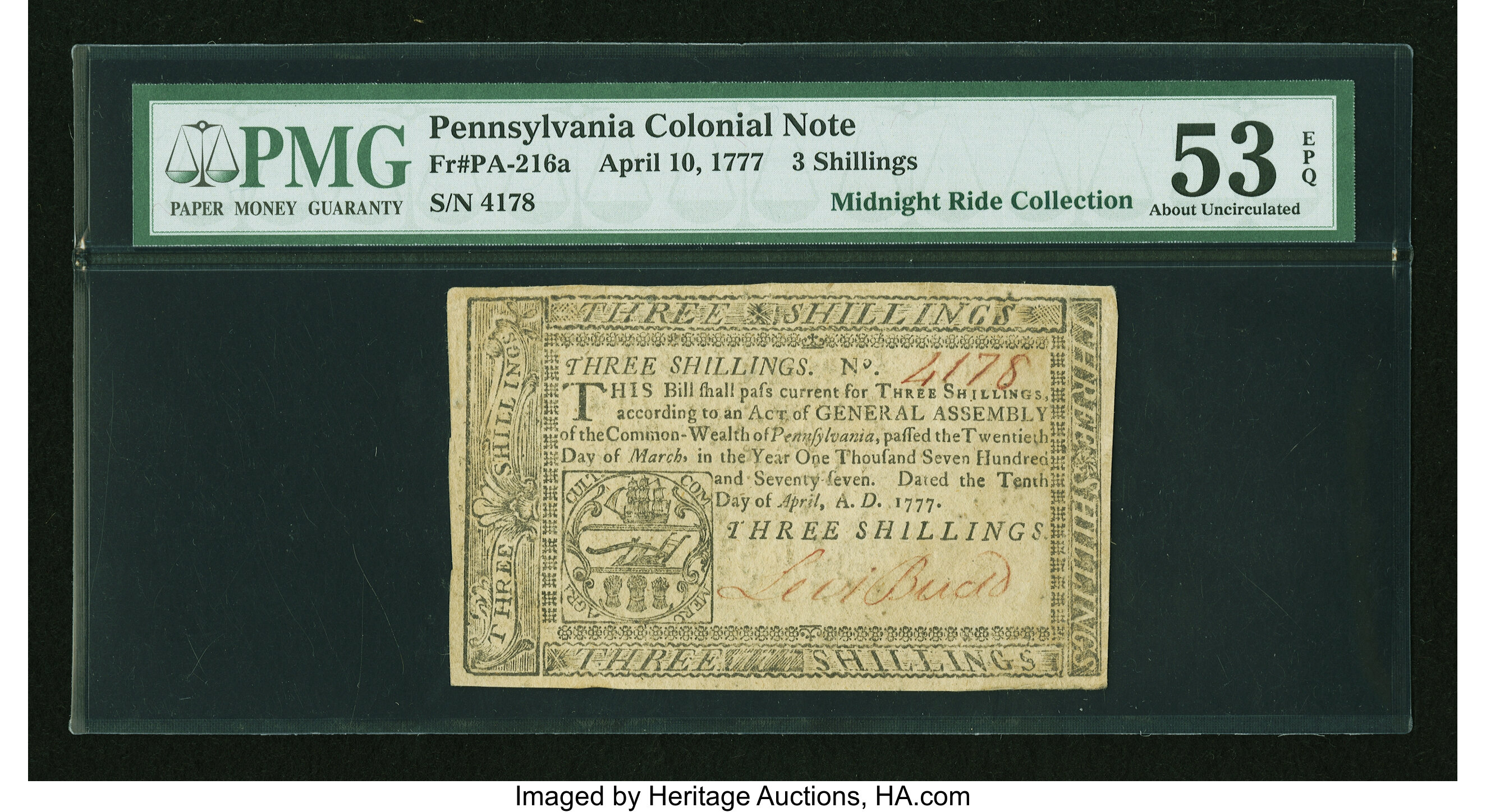 image for: Pennsylvania April 10, 1777 3s PMG About Uncirculated 53 EPQ....
