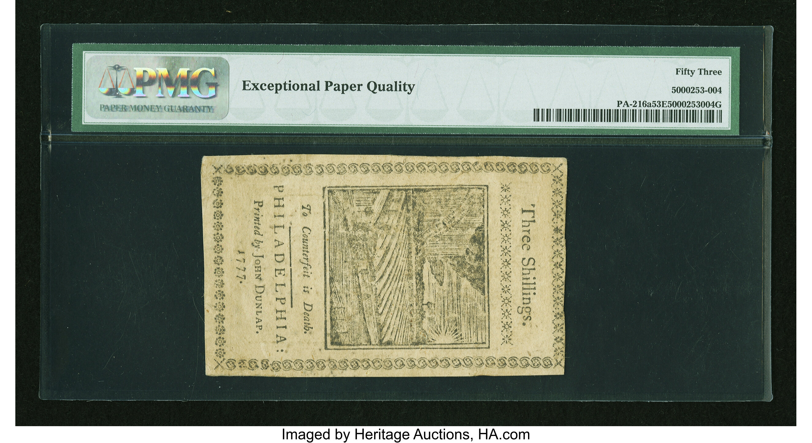 image for: Pennsylvania April 10, 1777 3s PMG About Uncirculated 53 EPQ....