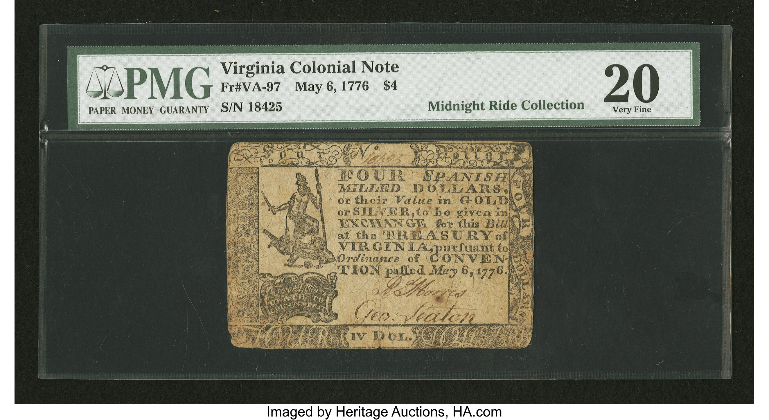 image for: Virginia May 6, 1776 $4 PMG Very Fine 20....