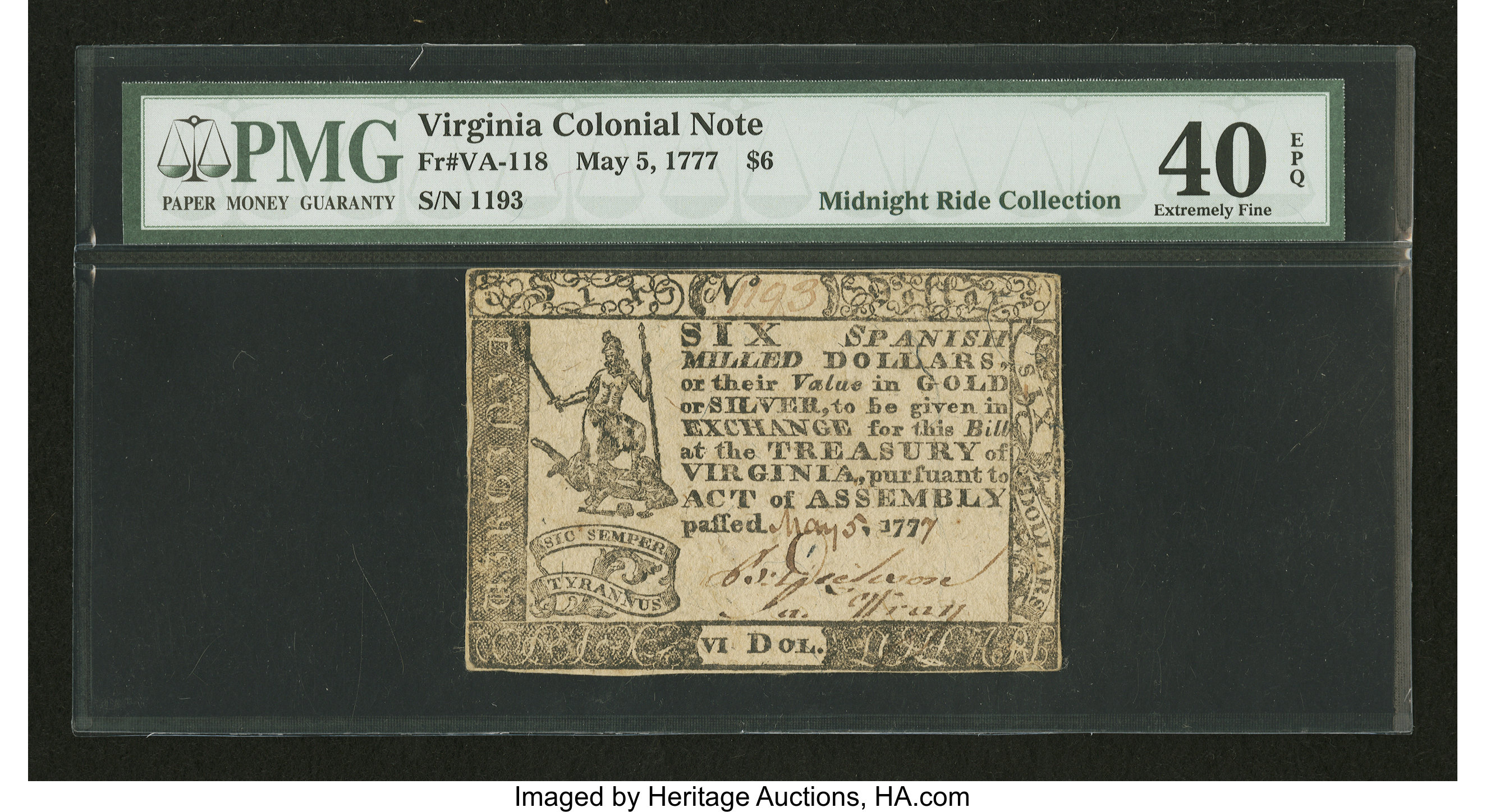 image for: Virginia May 5, 1777 $6 PMG Extremely Fine 40 EPQ....