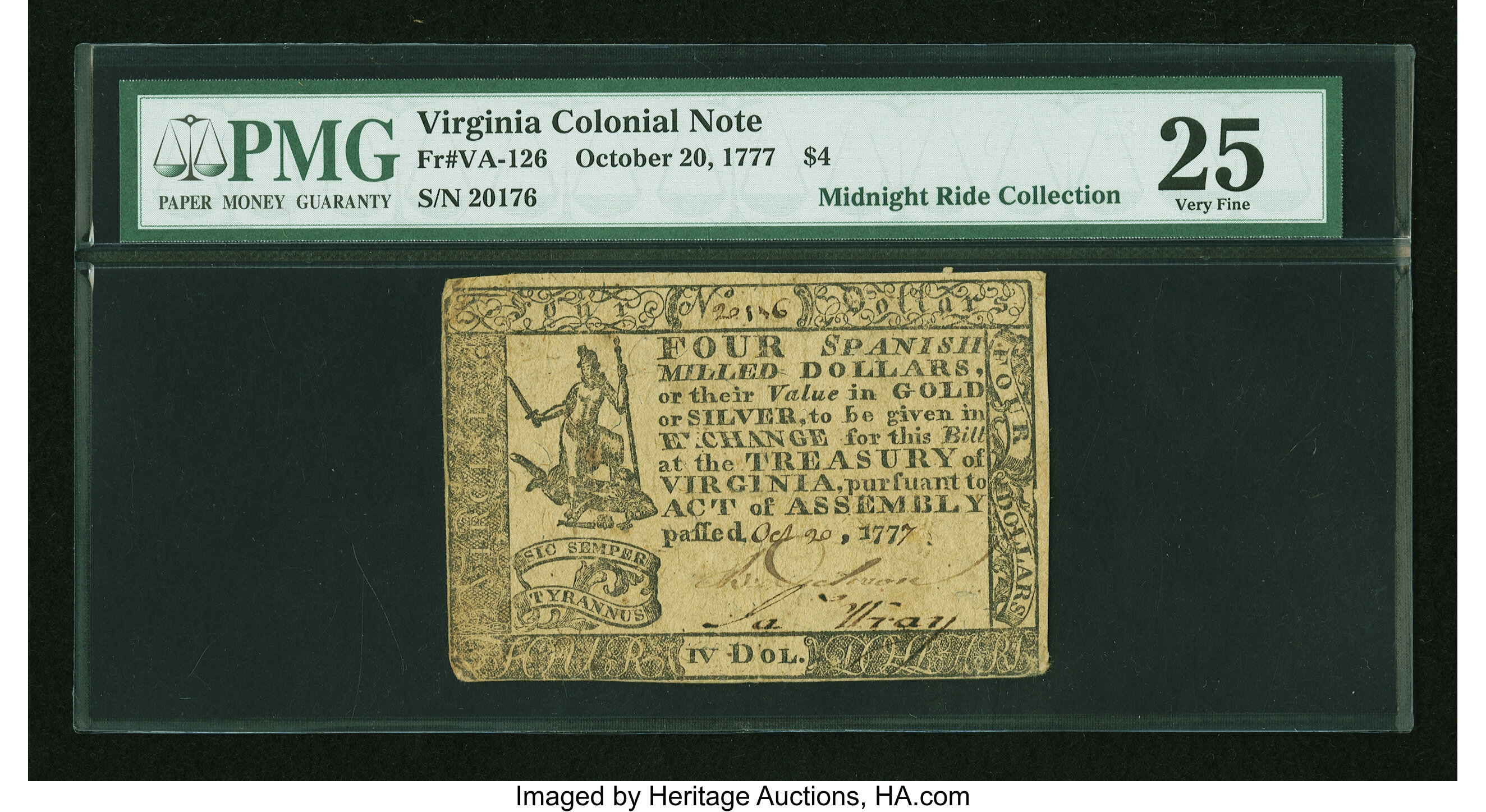 image for: Virginia October 20, 1777 $4 PMG Very Fine 25....