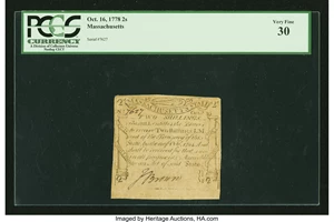 image for: Massachusetts October 16, 1778 2s PCGS Very Fine 30....