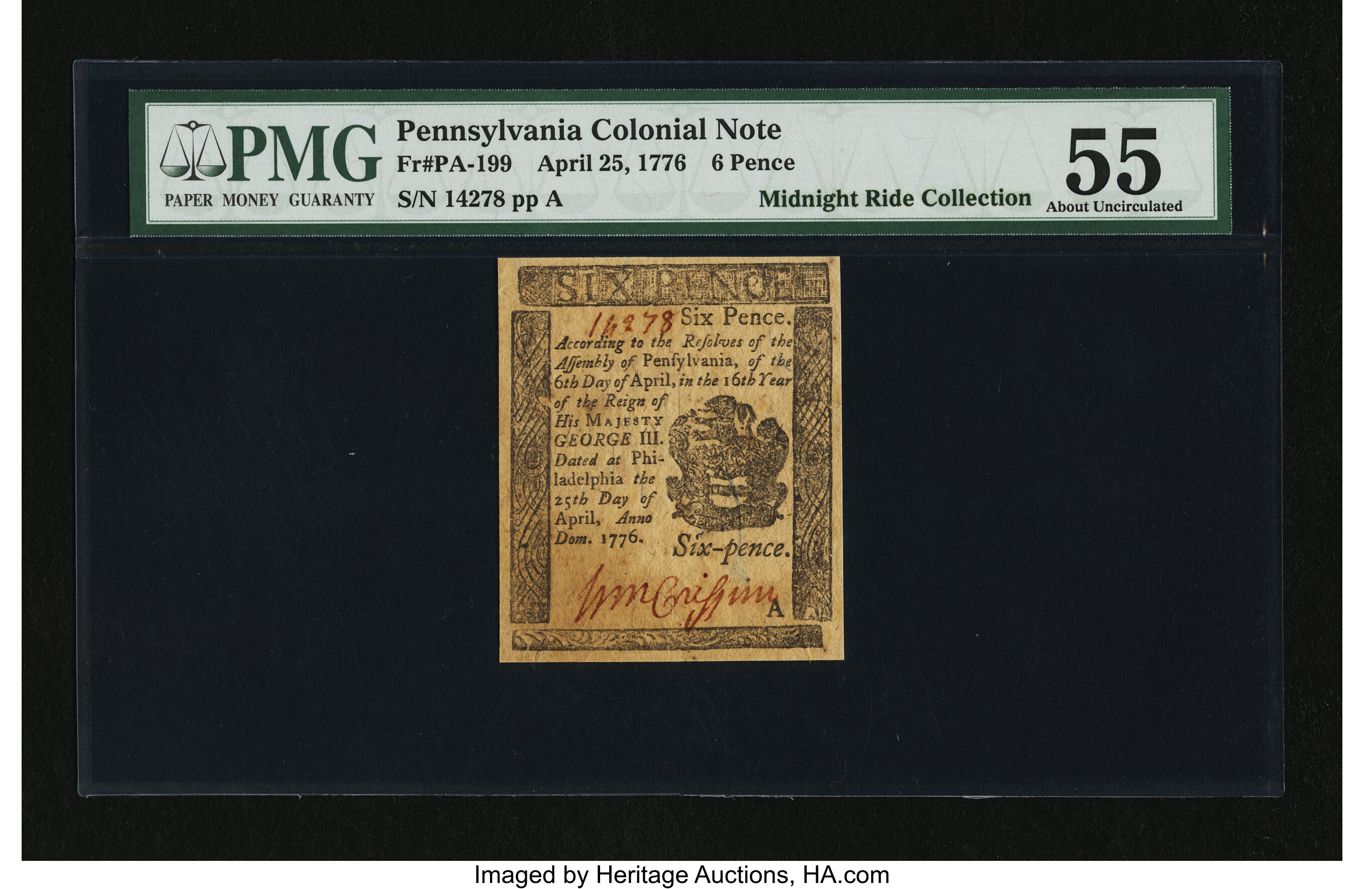 image for: Pennsylvania April 25, 1776 6d PMG About Uncirculated 55....