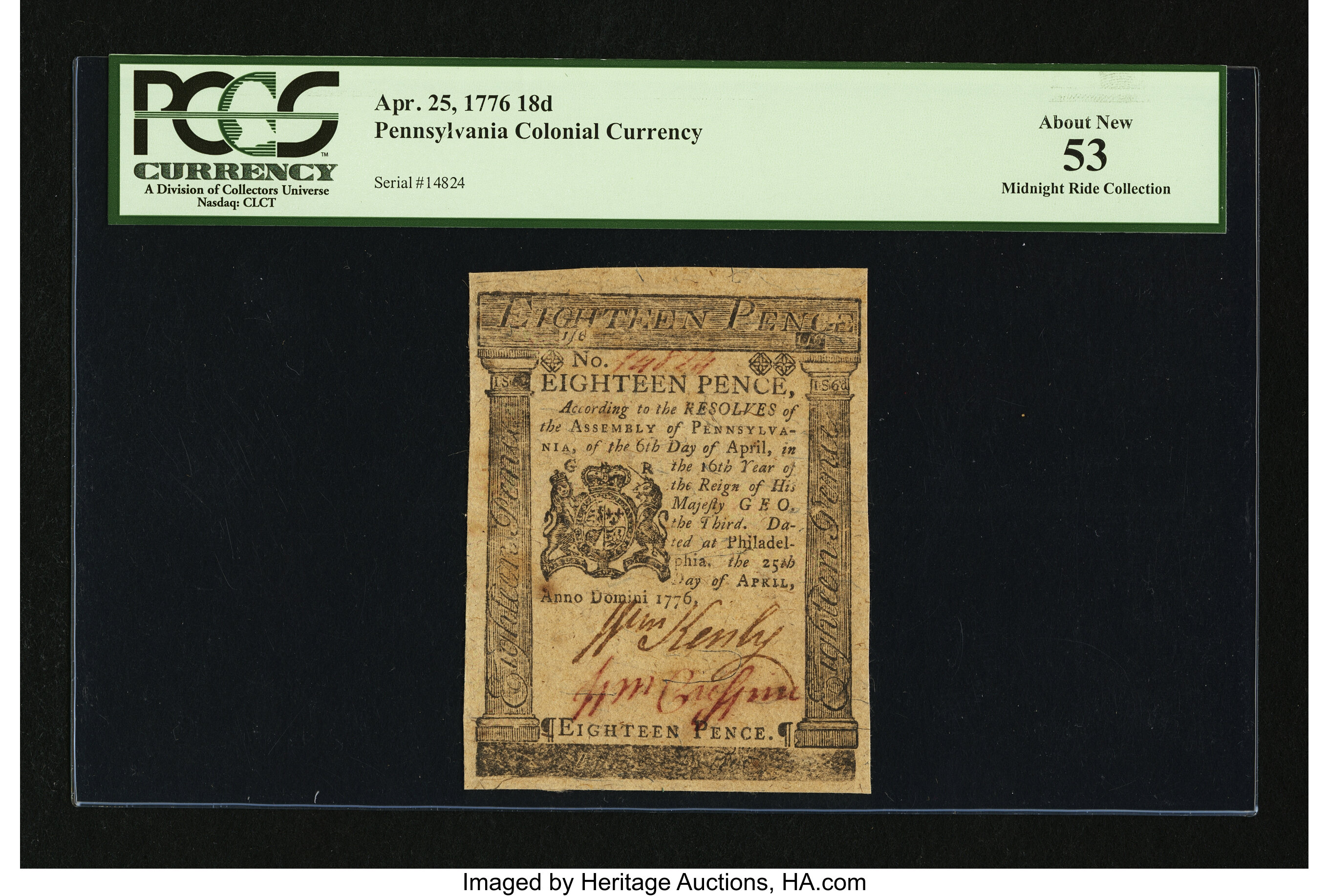 image for: Pennsylvania April 25, 1776 18d PCGS About New 53....