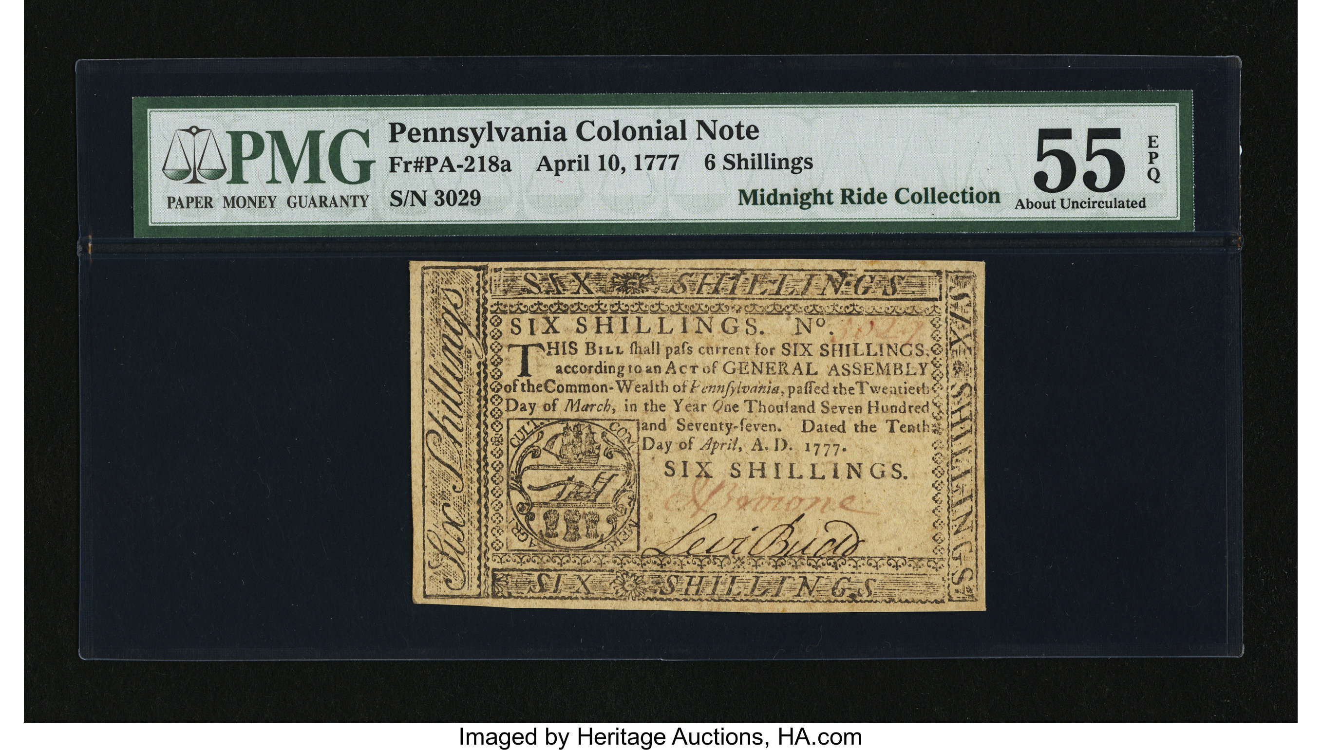 image for: Pennsylvania April 10, 1777 6s PMG About Uncirculated 55 EPQ....