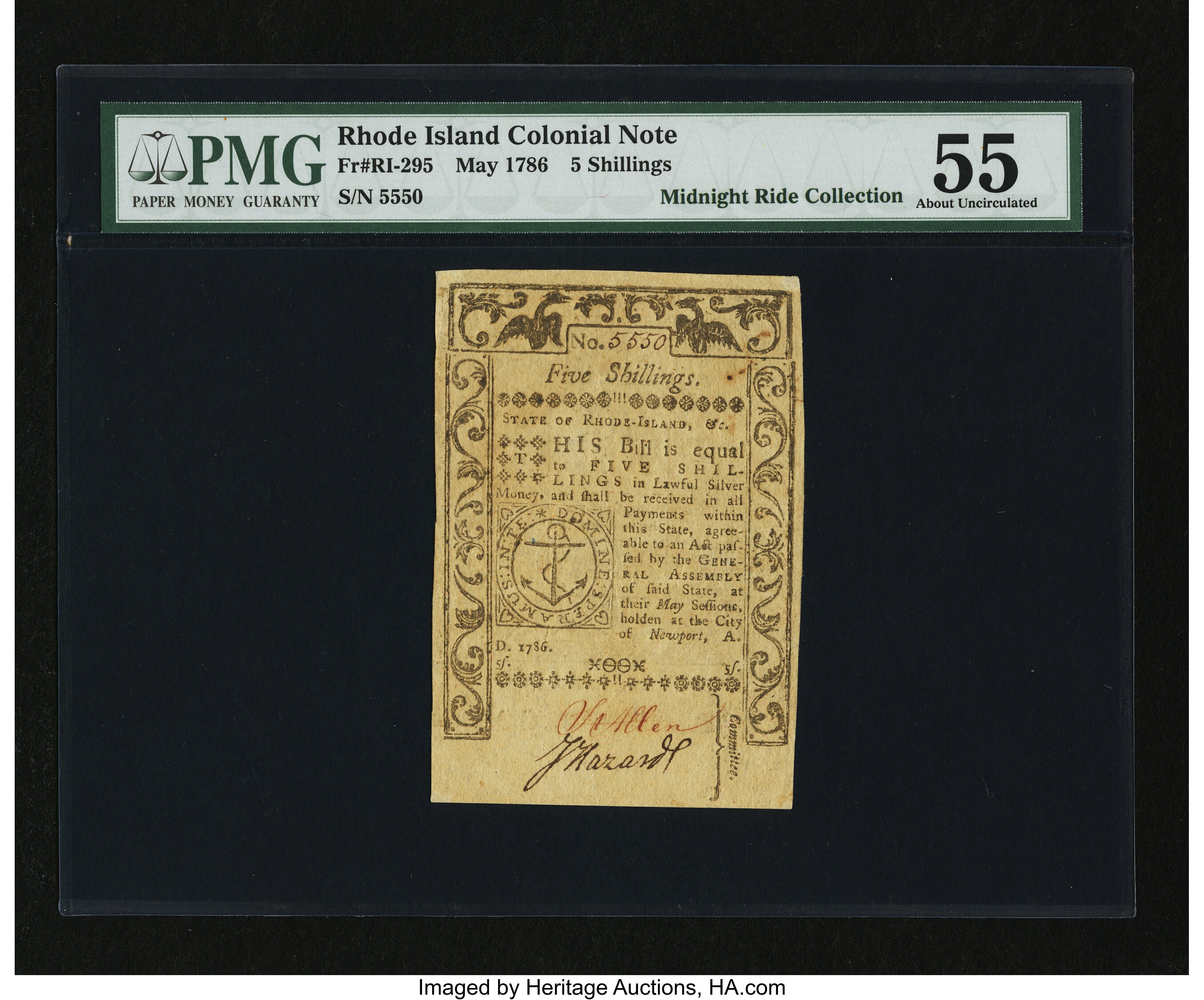 image for: Rhode Island May 1786 5s PMG About Uncirculated 55....