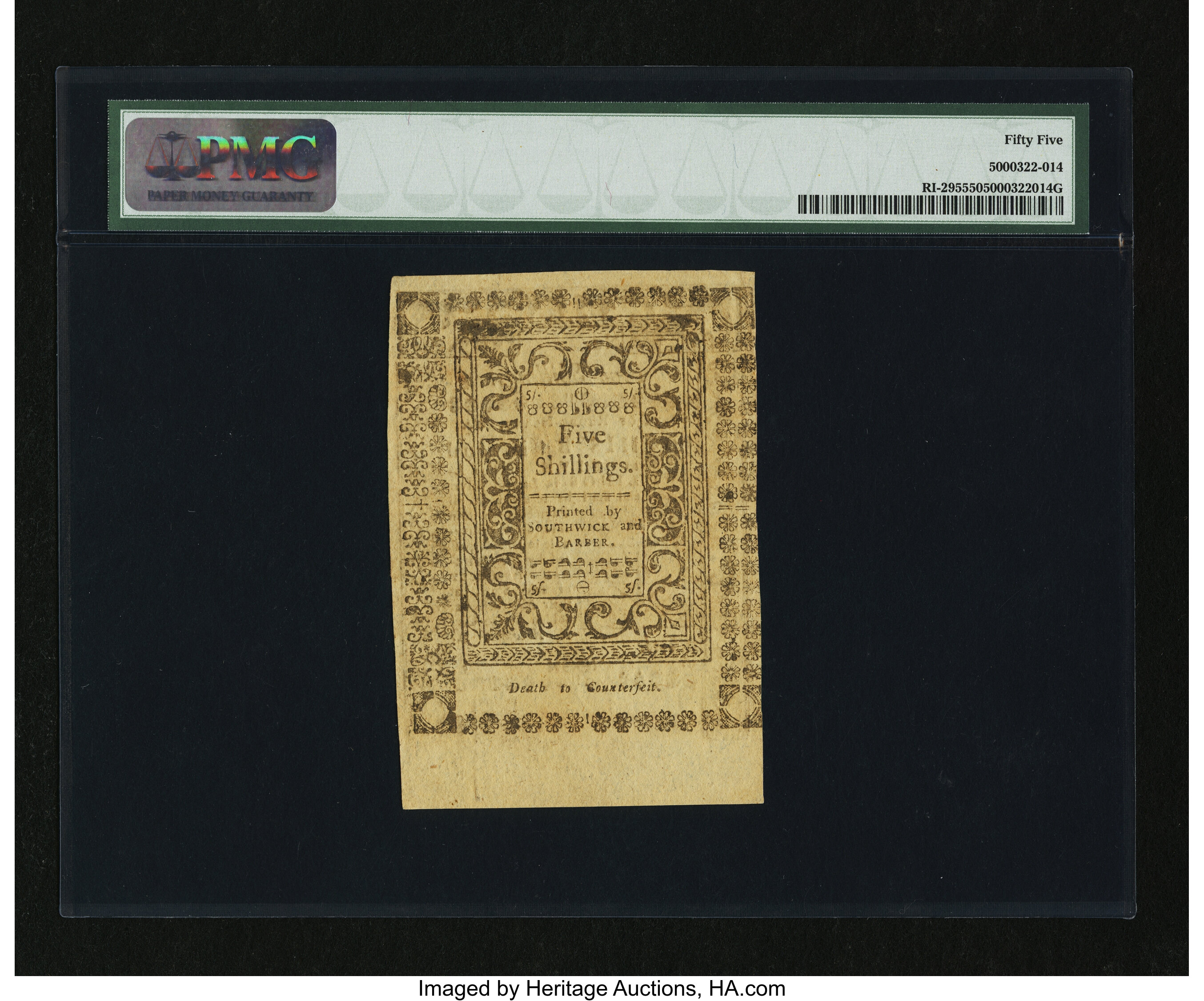 image for: Rhode Island May 1786 5s PMG About Uncirculated 55....