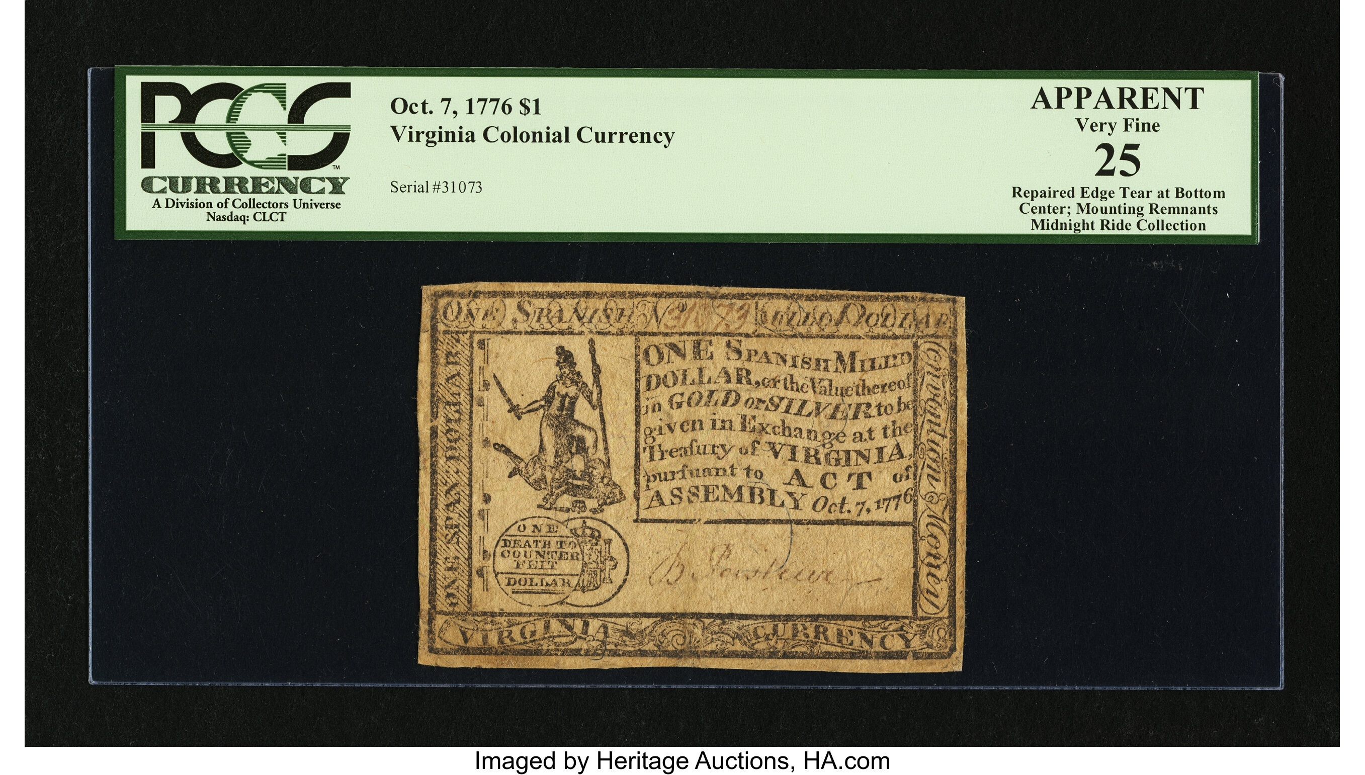 image for: Virginia October 7, 1776 $1 PCGS Apparent Very Fine 25....