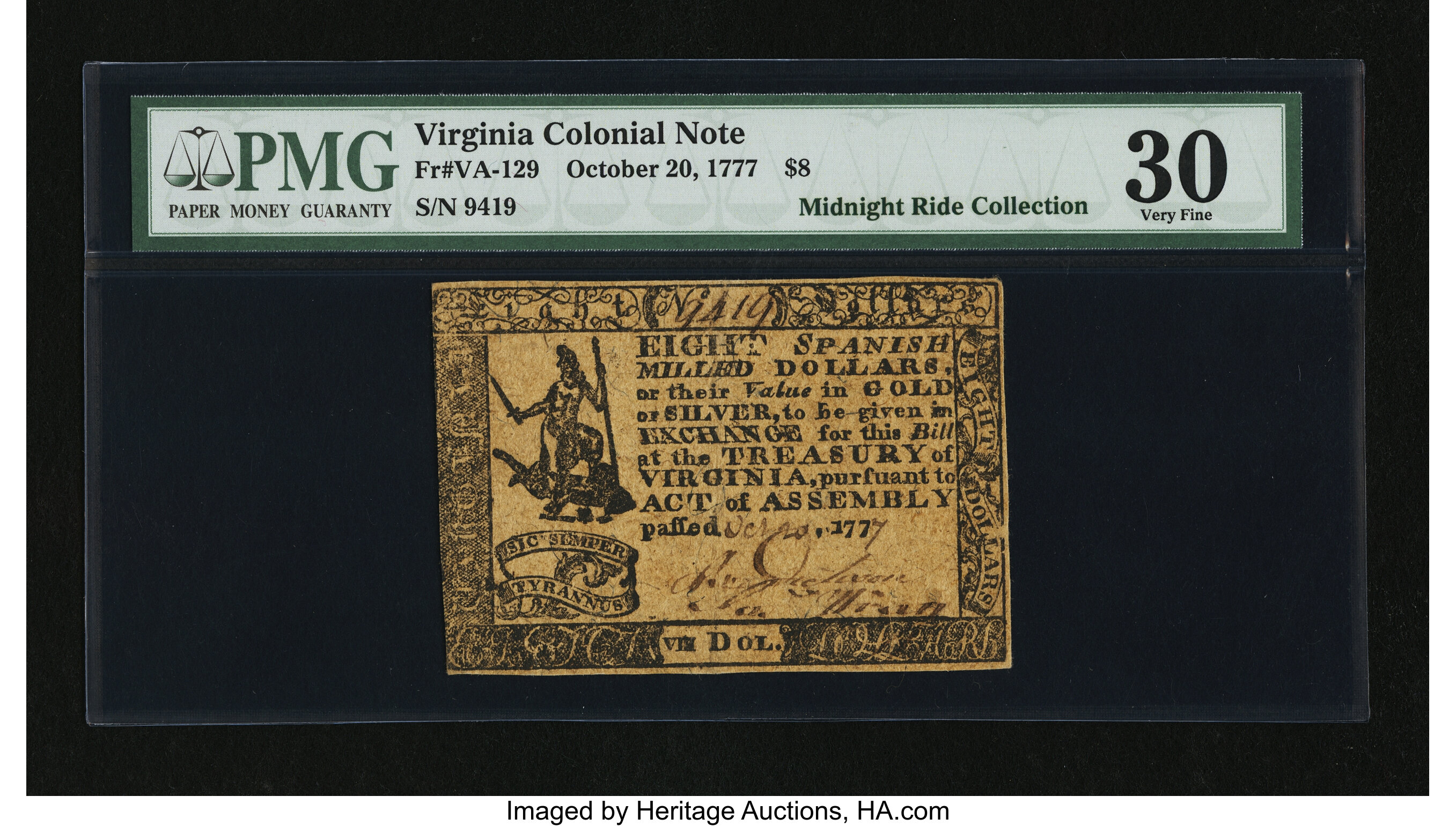 image for: Virginia October 20, 1777 $8 PMG Very Fine 30....