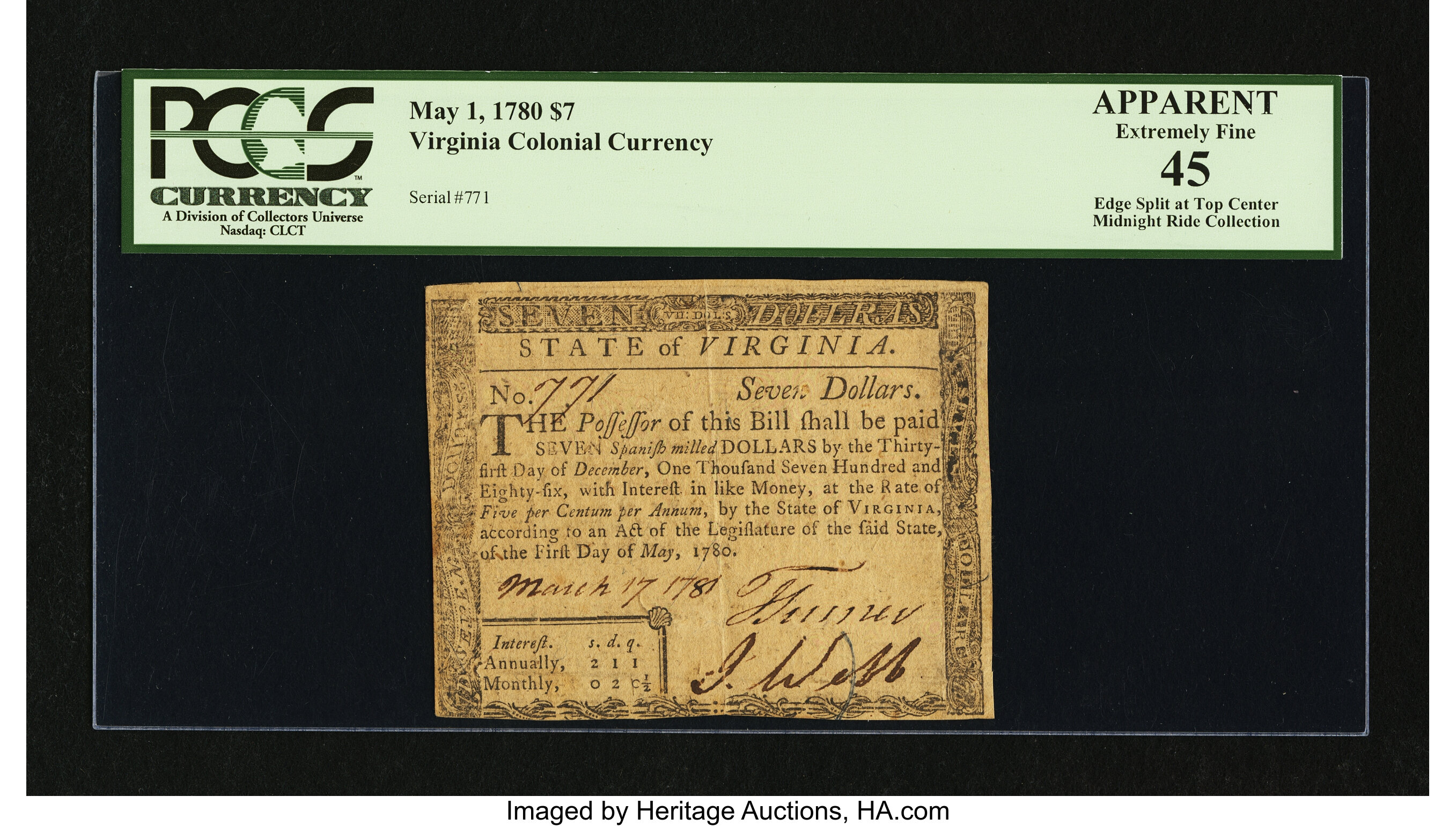 image for: Virginia May 1, 1780 $7 PCGS Apparent Extremely Fine 45....