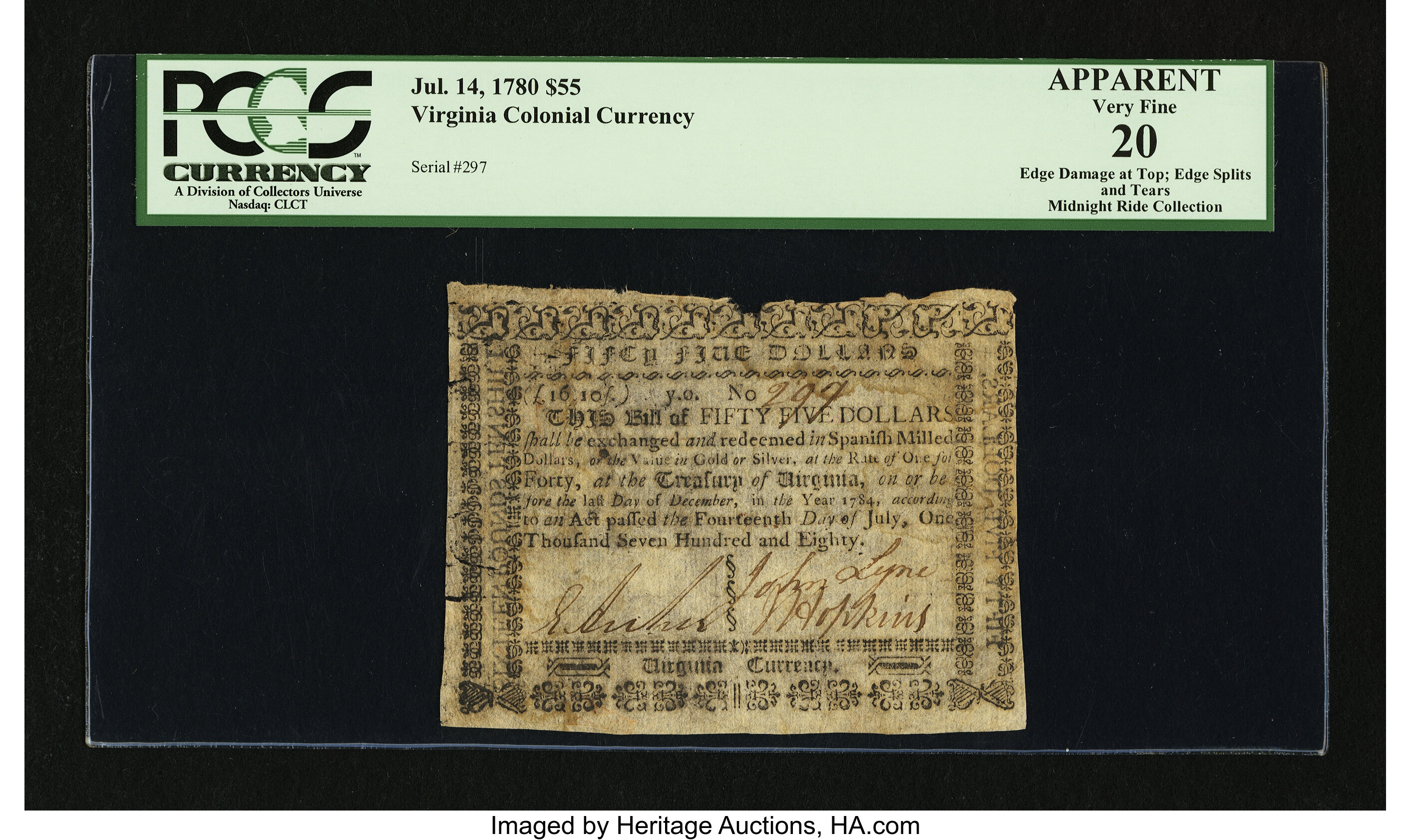 image for: Virginia July 14, 1780 $55 PCGS Apparent Very Fine 20....