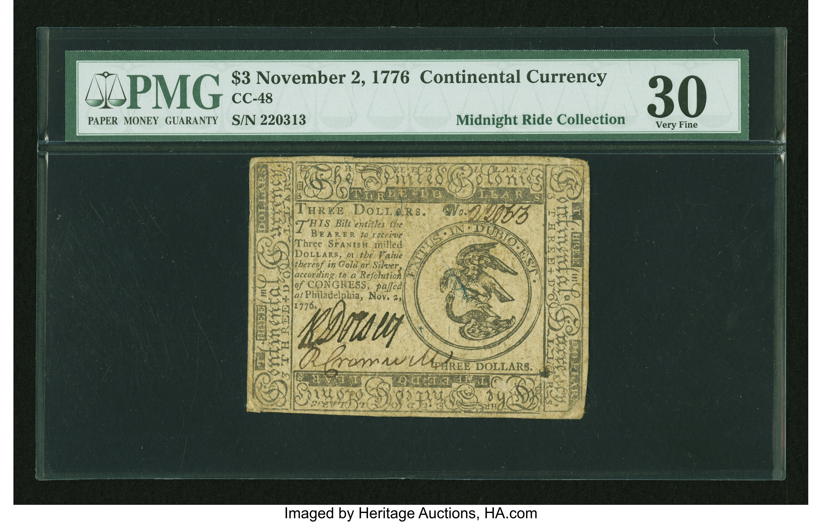 image for: Continental Currency November 2, 1776 $3 PMG Very Fine 30....