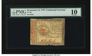 image for: Continental Currency January 14, 1779 $4 PMG Very Good 10....