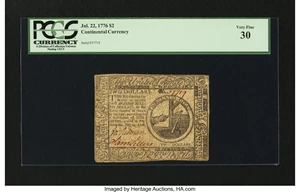 image for: Continental Currency July 22, 1776 $2 PCGS Very Fine 30....