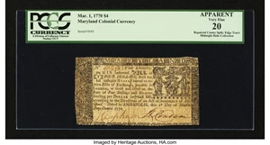 image for: Maryland March 1, 1770 $4 PCGS Apparent Very Fine 20....