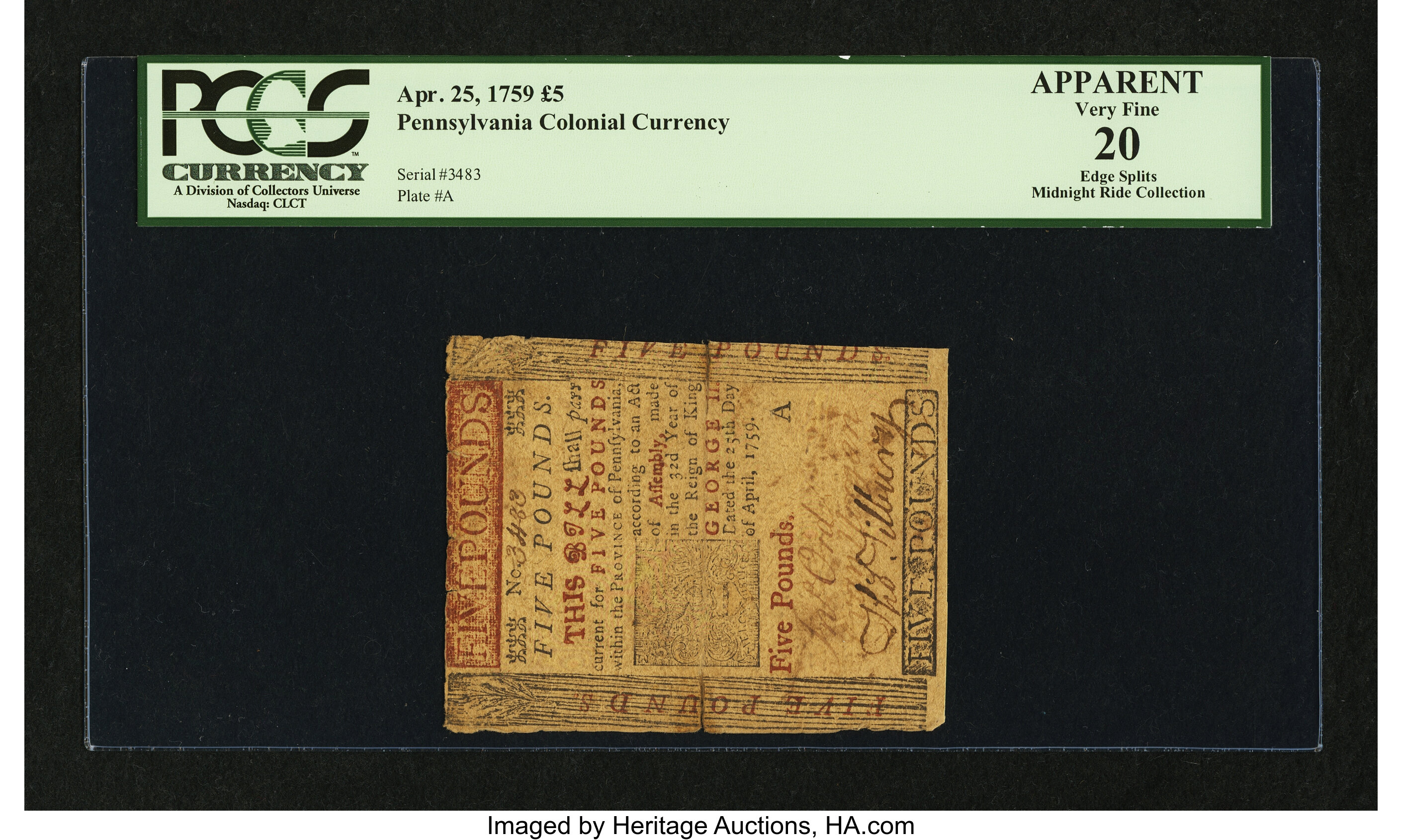 image for: Pennsylvania April 25, 1759 £5 PCGS Apparent Very Fine 20....
