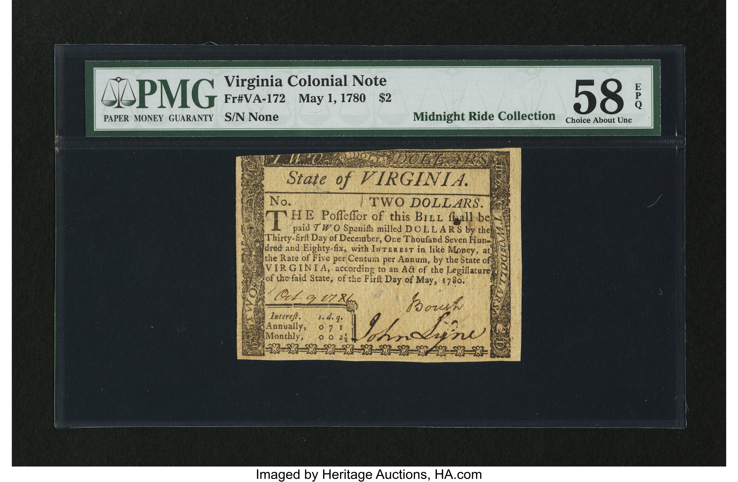 image for: Virginia May 1, 1780 $2 PMG Choice About Unc 58 EPQ....